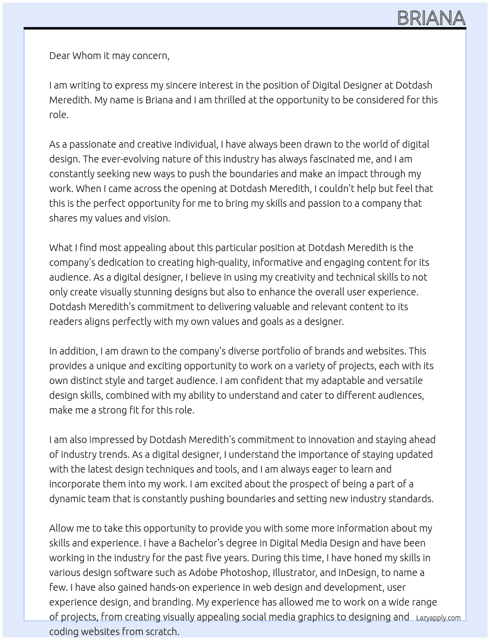 Cover letter for digital designer - LazyApply