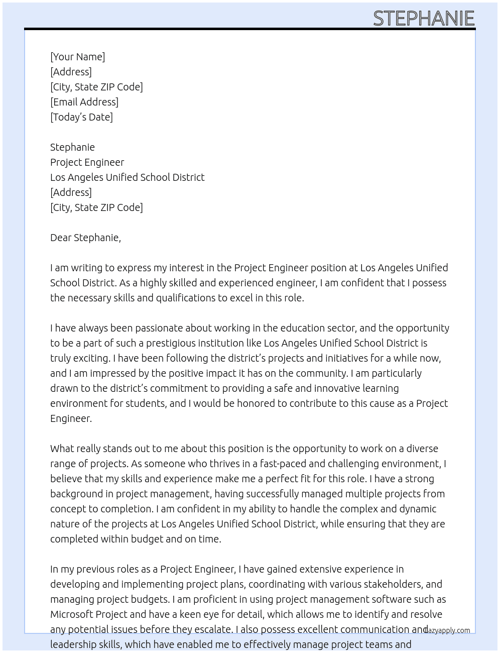 Project Engineer At Los Angeles Unified School District Cover Letter