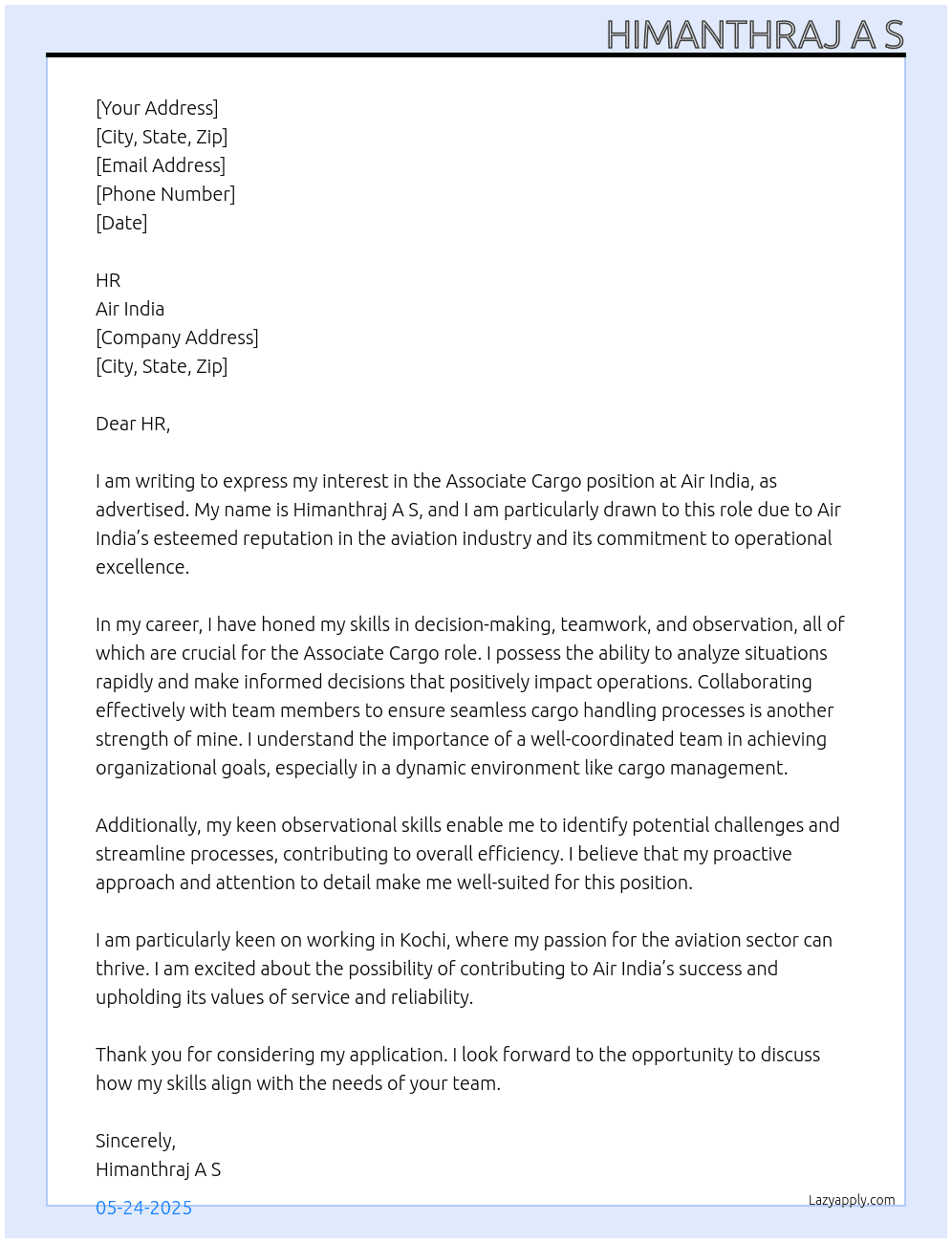 Cover letter for associate cargo - LazyApply