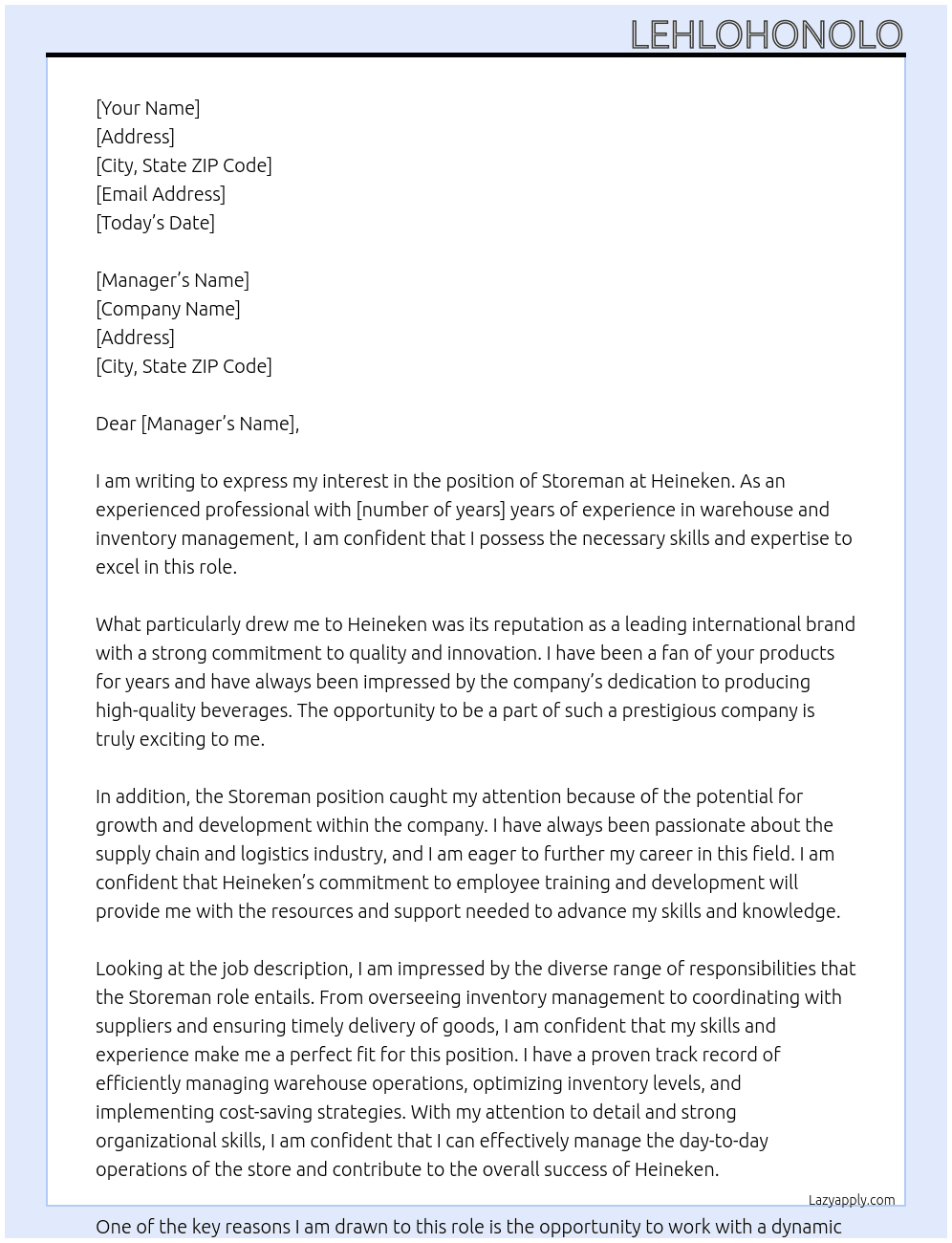 Storeman At Heineken  Cover Letter