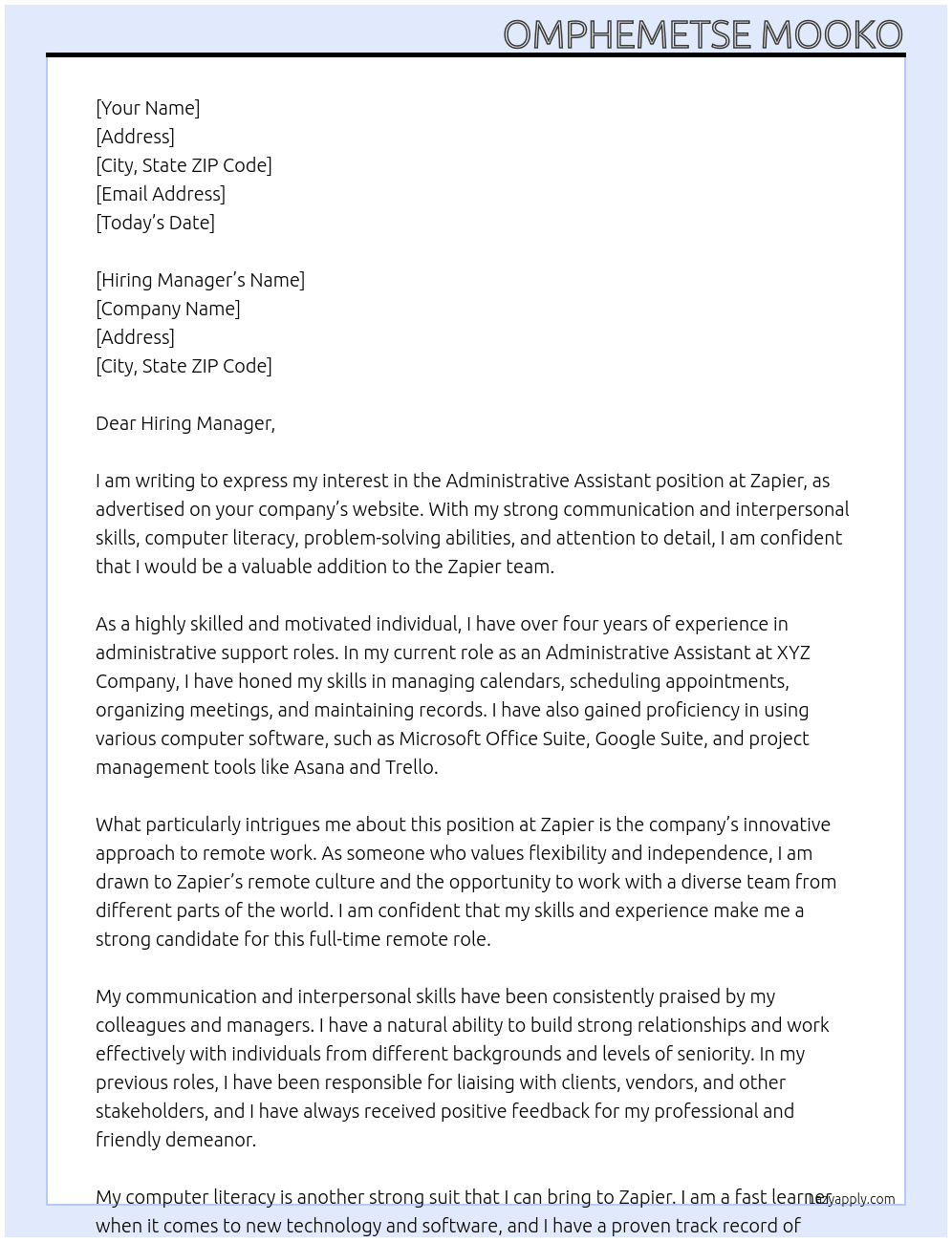 Admistrative assistant  At Zapier Cover Letter