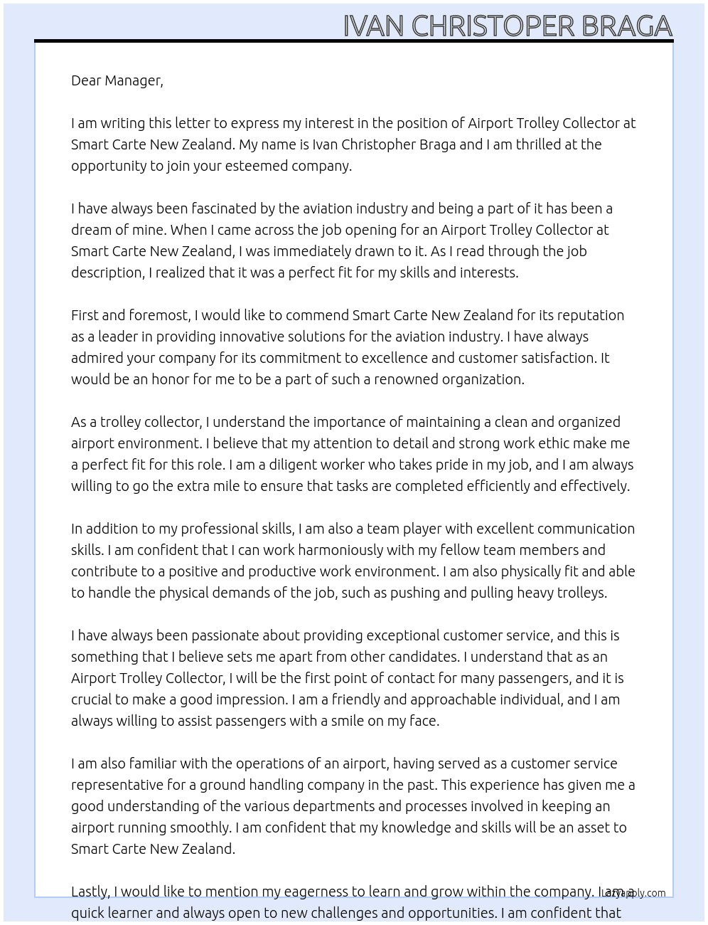 Airport Trolly collector At Smart carte New Zealand Cover Letter