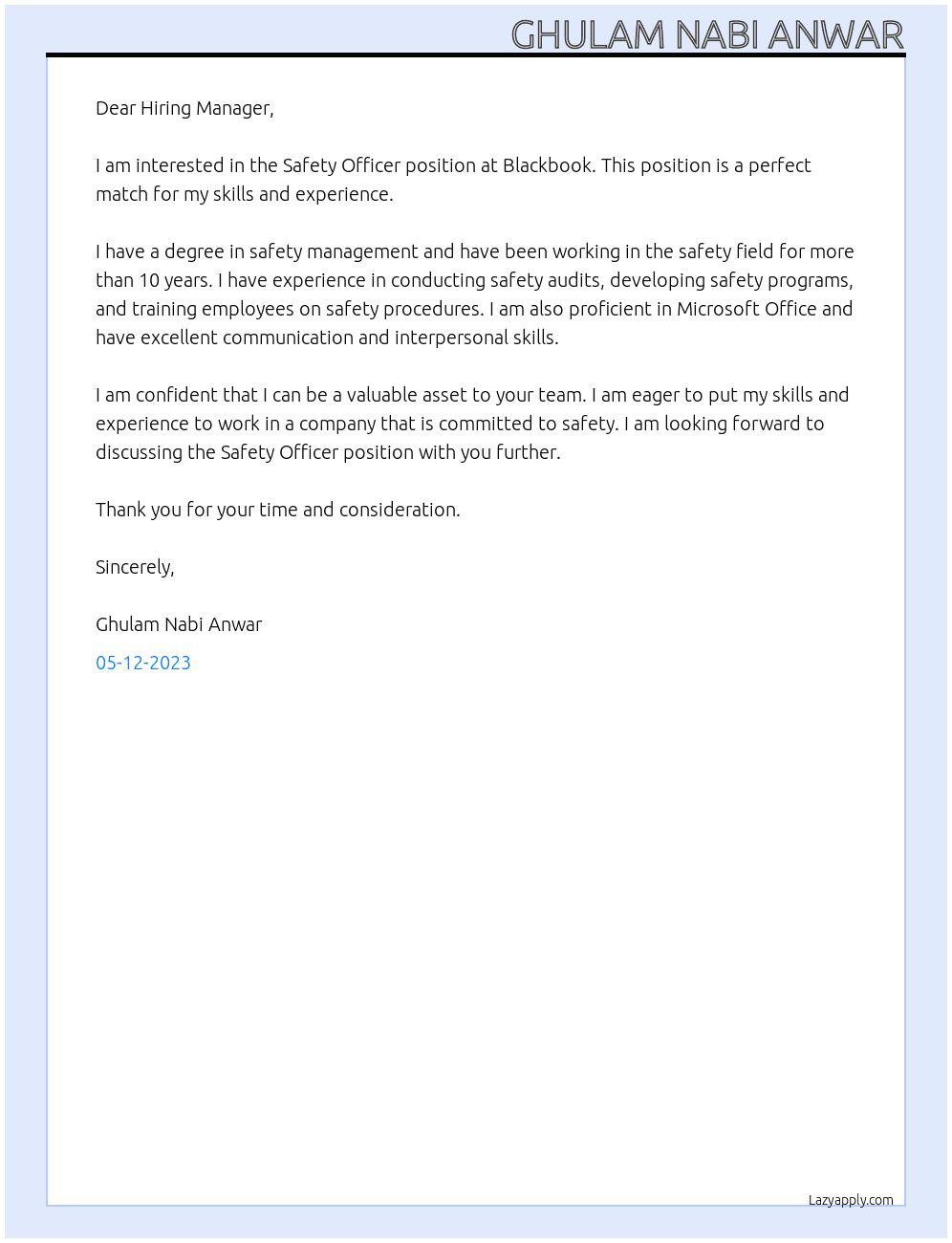 Safety Officer  At Blackbook Cover Letter