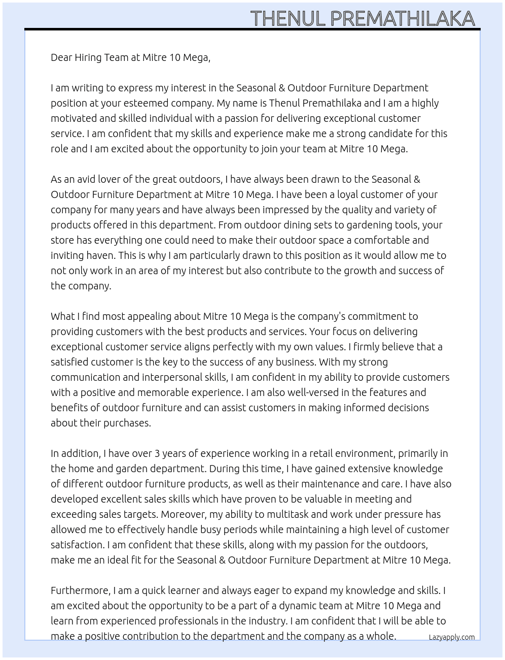 Seasonal & Outdoor Furniture Department At Mitre 10 Mega  Cover Letter