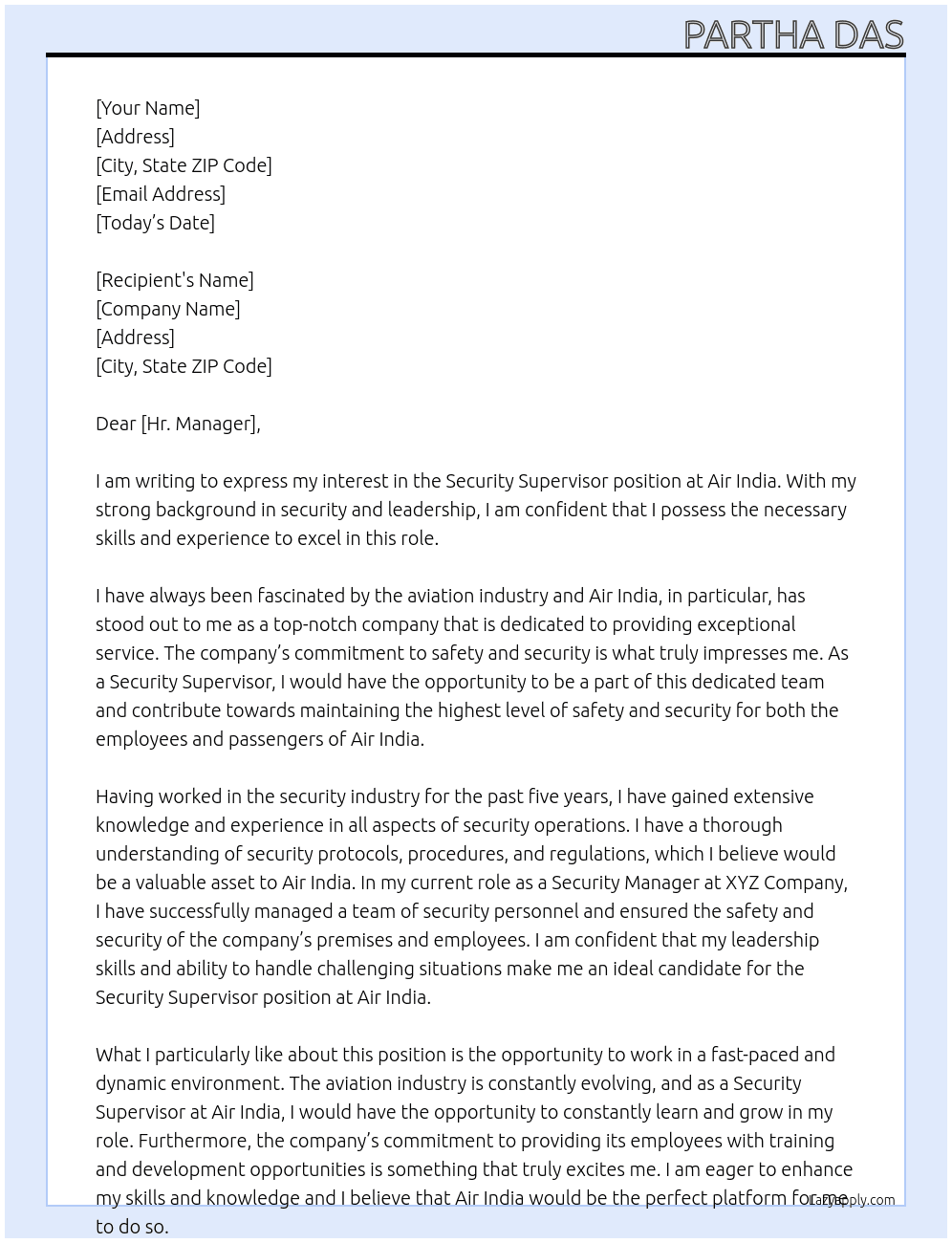 Security Supervisor At Air India Cover Letter