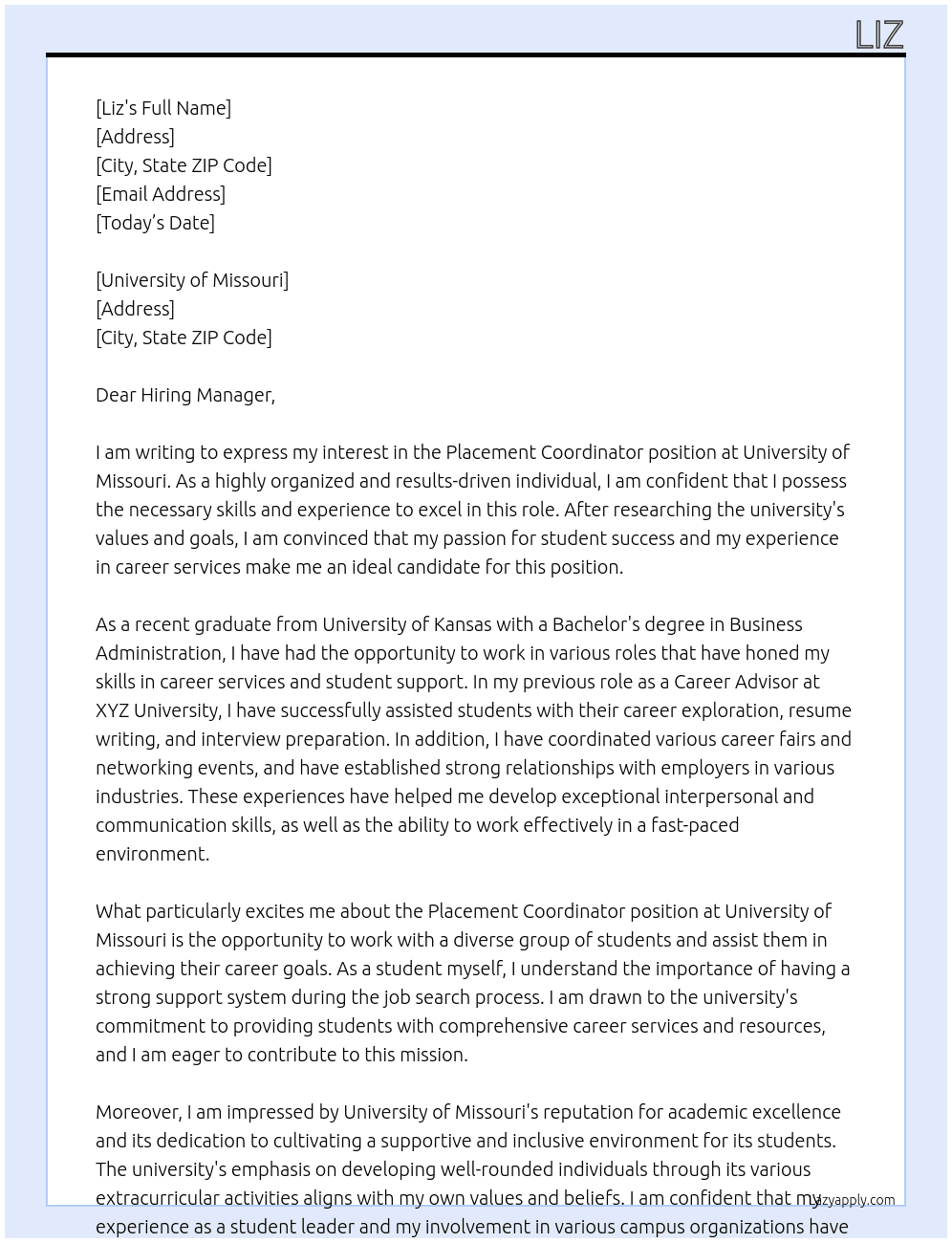 Placement Coordinator At University of Missouri Cover Letter