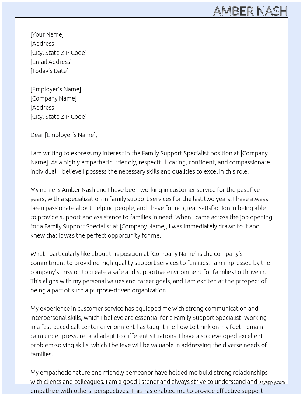 Family support specialist At Call Center Cover Letter