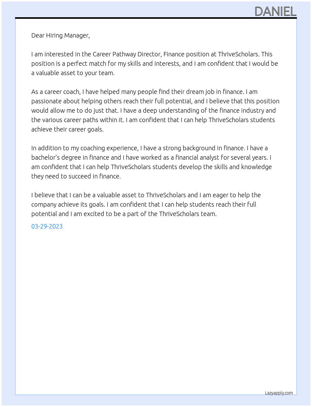 Career Pathway Director, Finance At thrivescholars Cover Letter