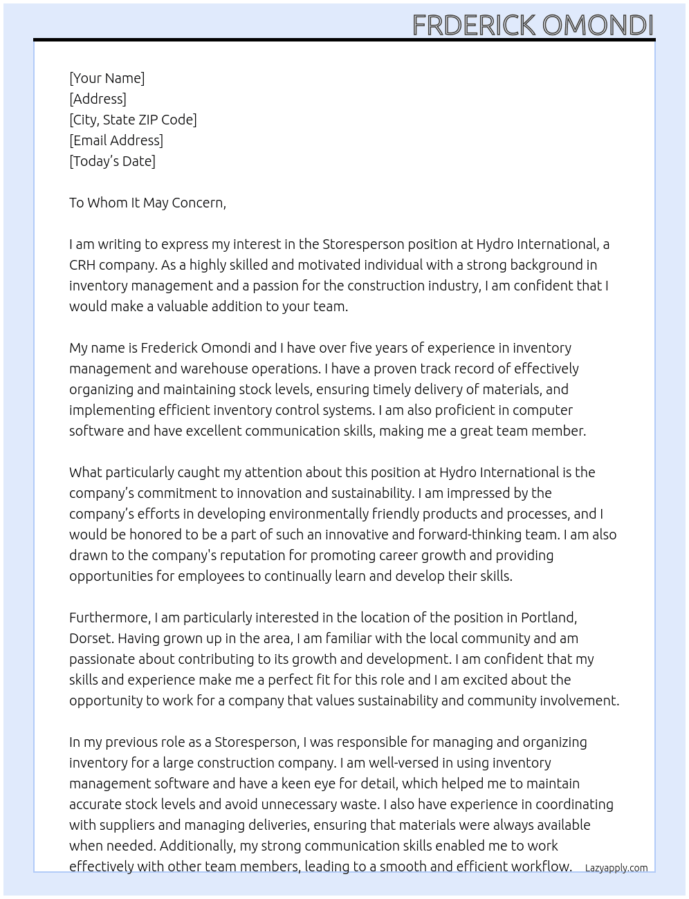 STORESPERSON At Hydro International, a CRH company Cover Letter