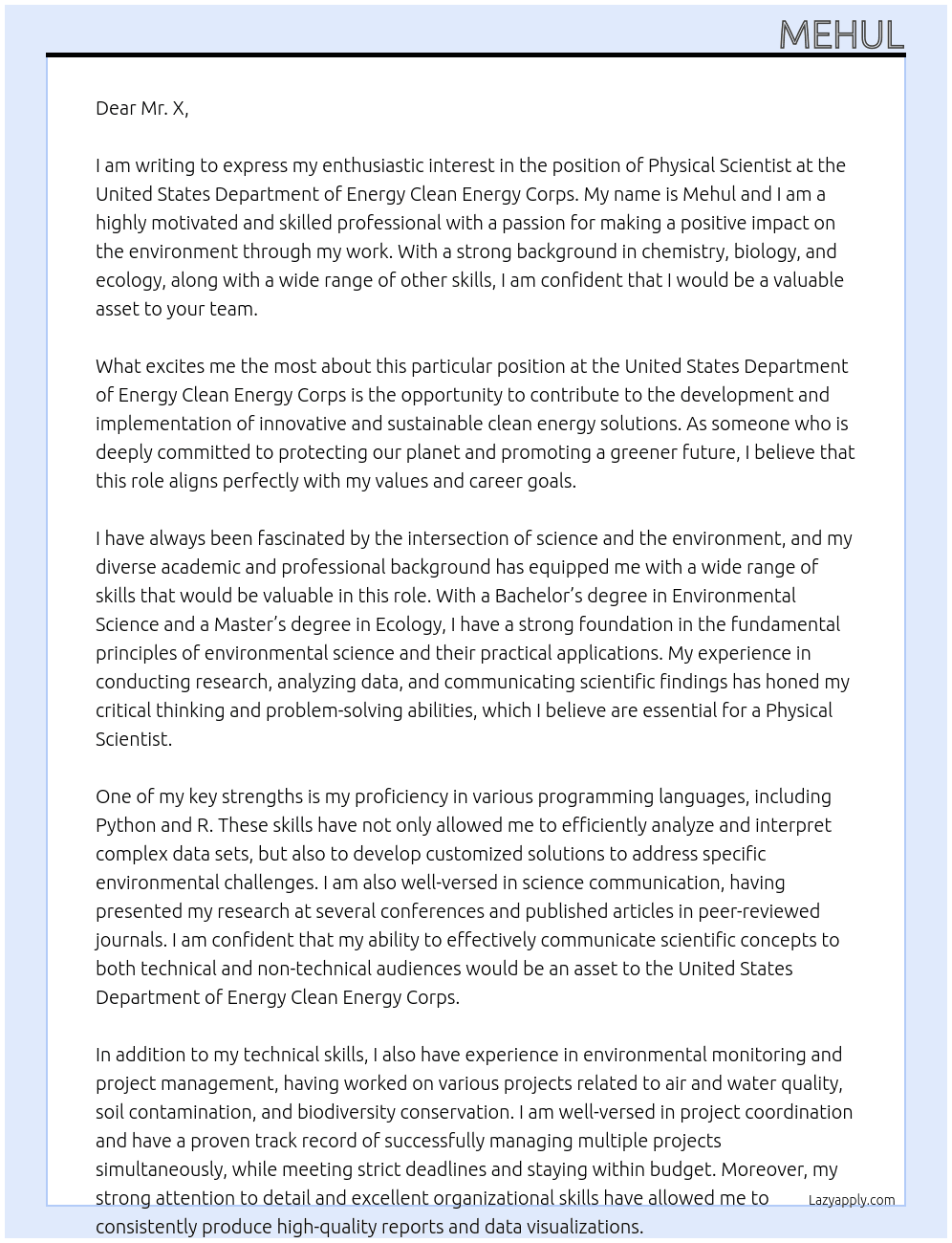 Physical Scientist At United States Department of Energy Clean Energy Corps Cover Letter