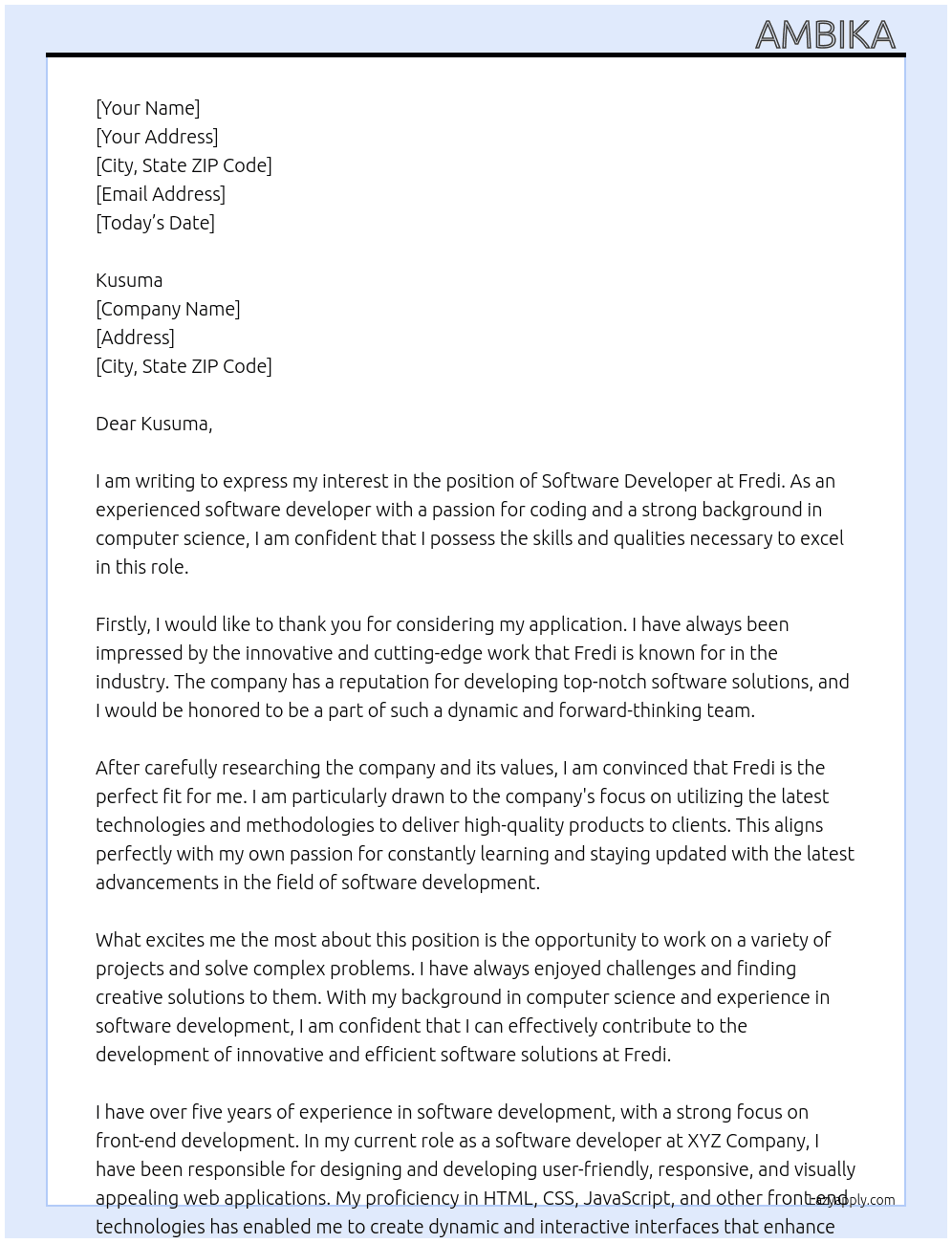 Software developer  At Fredi  Cover Letter