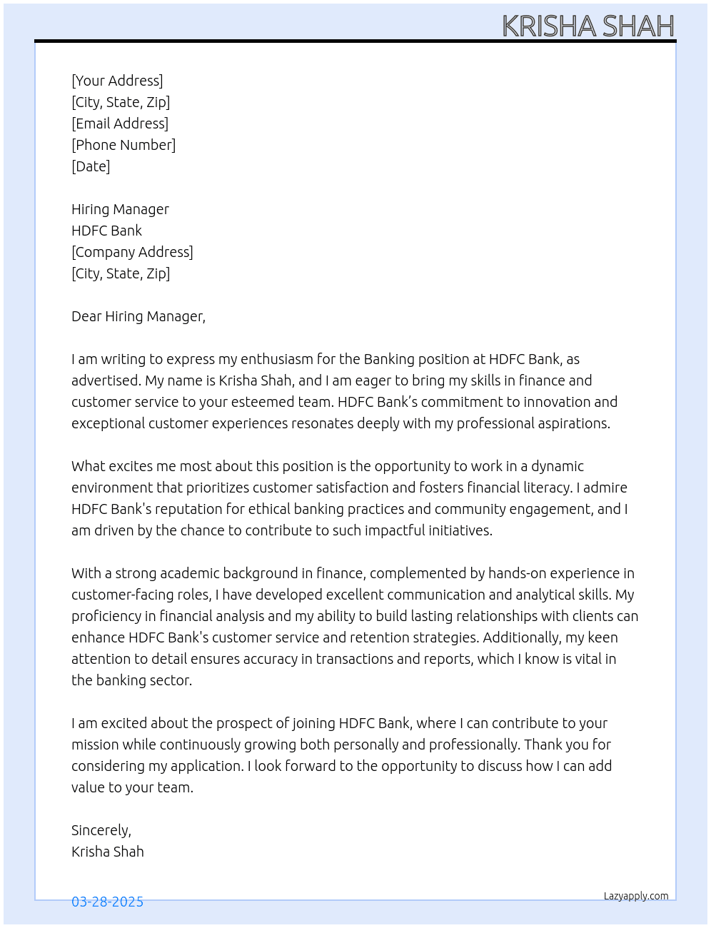 Banking At HDFC bank Cover Letter