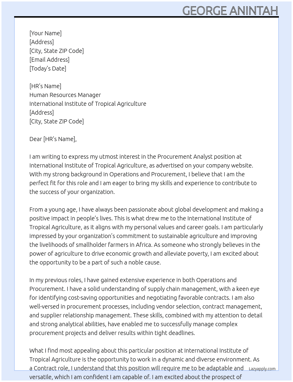 Procurement Analyst  At International Institute of Tropical Agriculture  Cover Letter