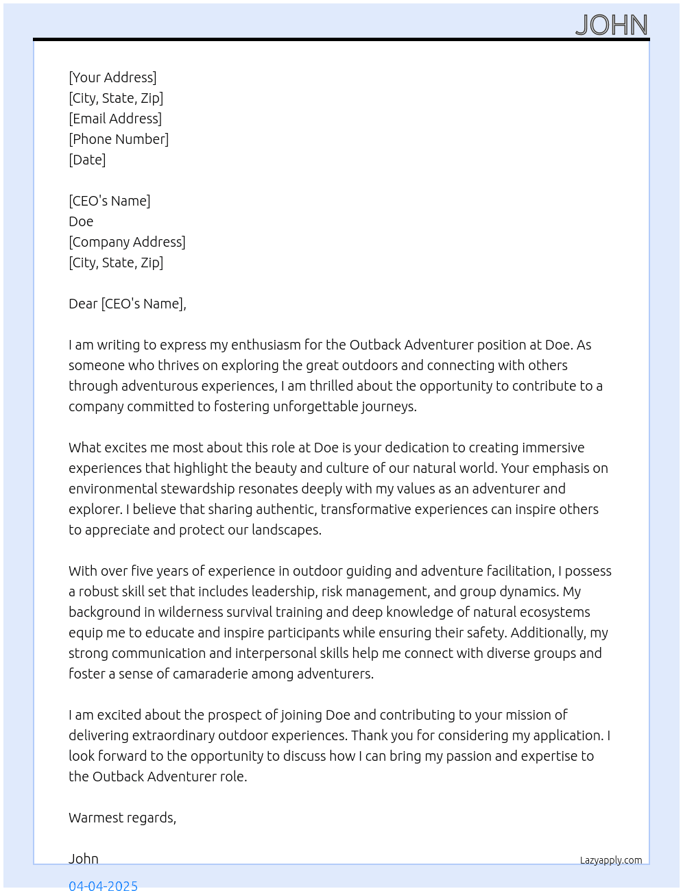 outback adventurer At Doe Cover Letter