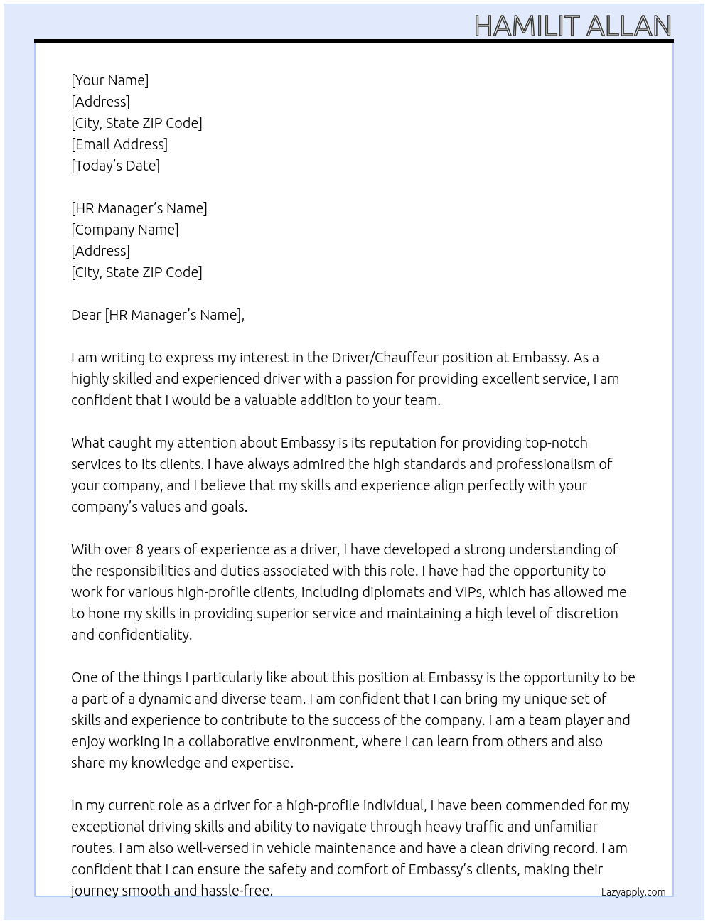 Driver/ chauffeur  At Embassy Cover Letter