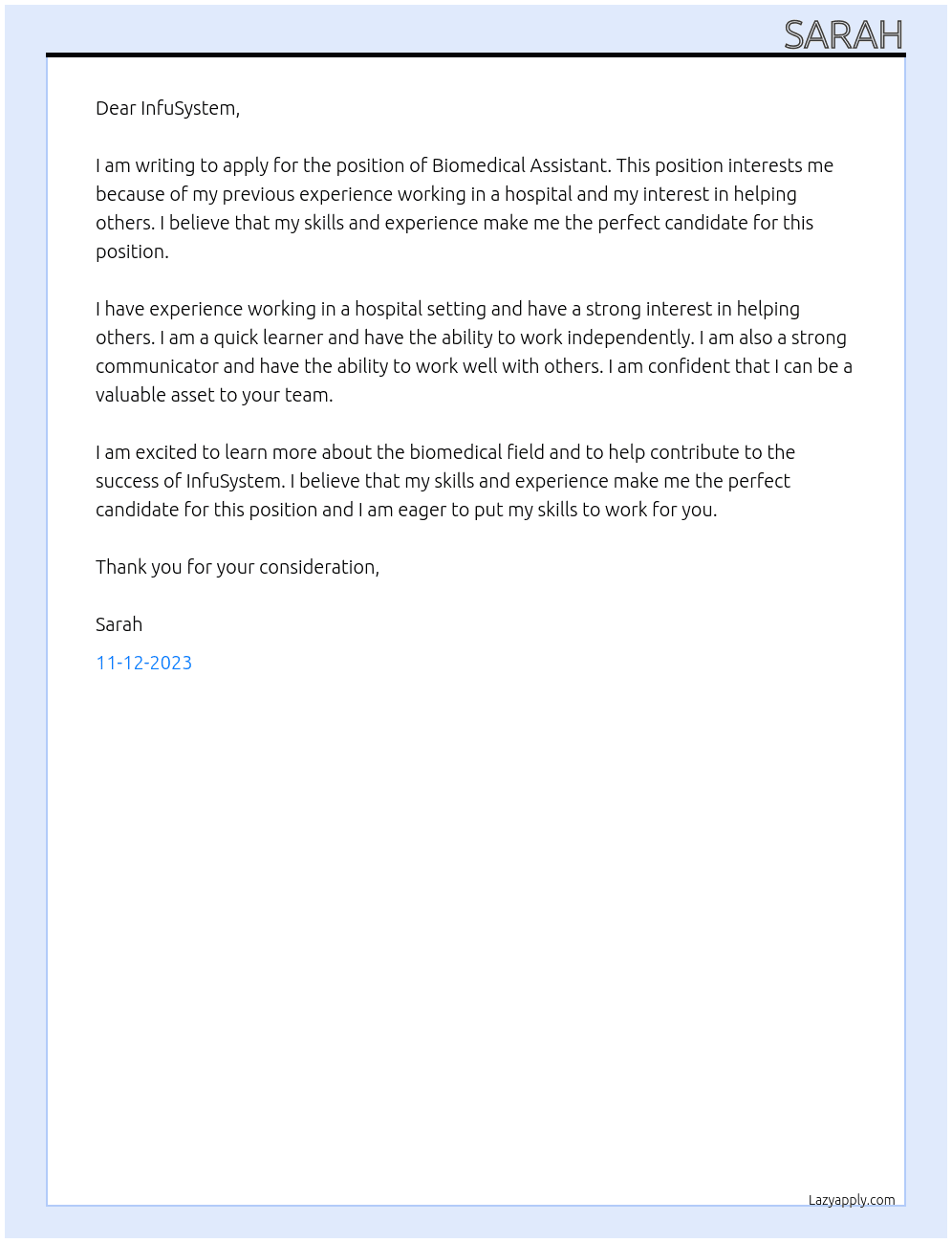Biomedical assistant At InfuSystem Cover Letter