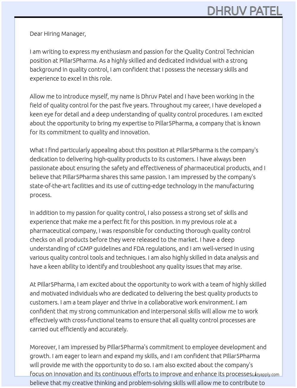Quality Control Technician At pillar5pharma Cover Letter