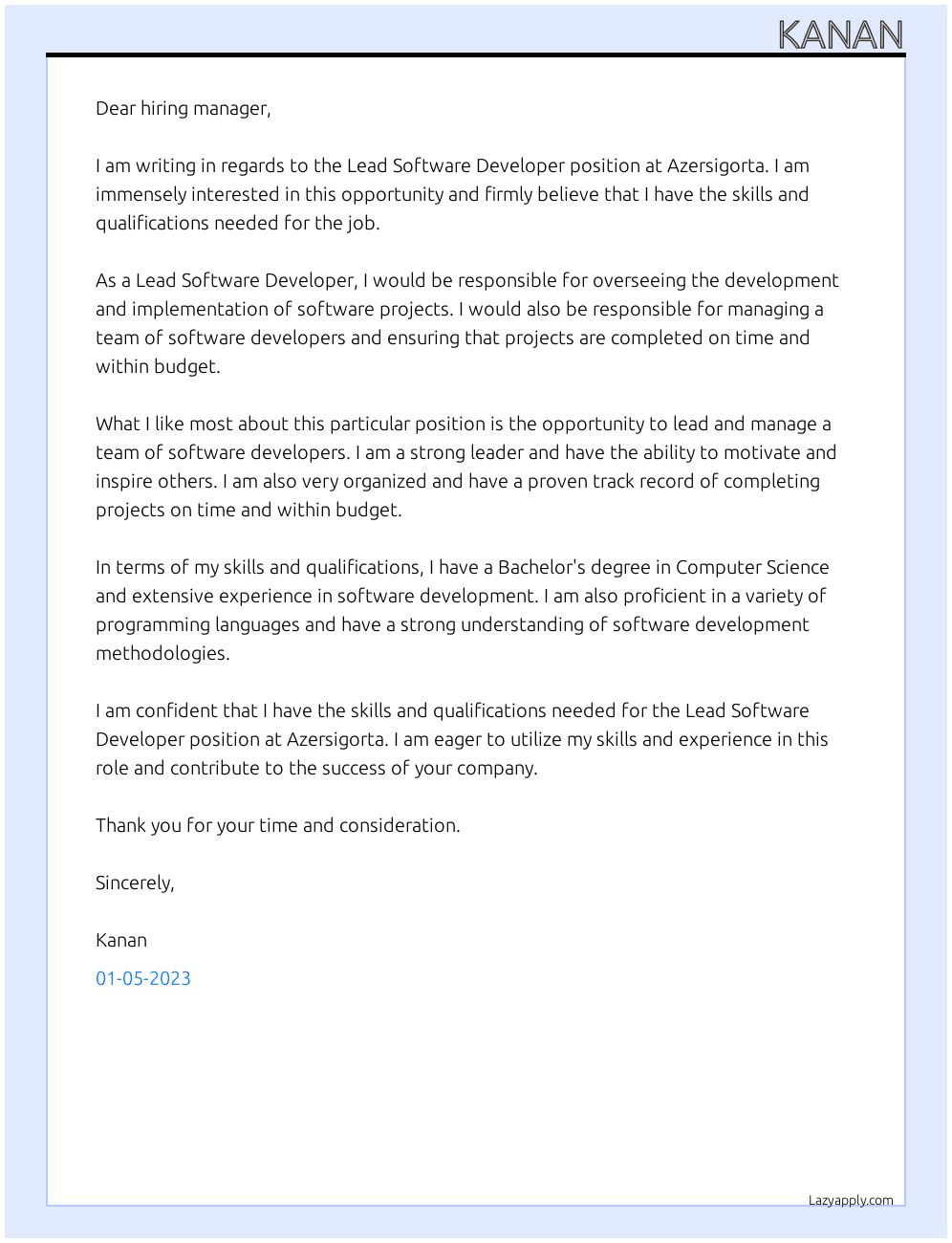 Lead Software Developer At Azersigorta Cover Letter