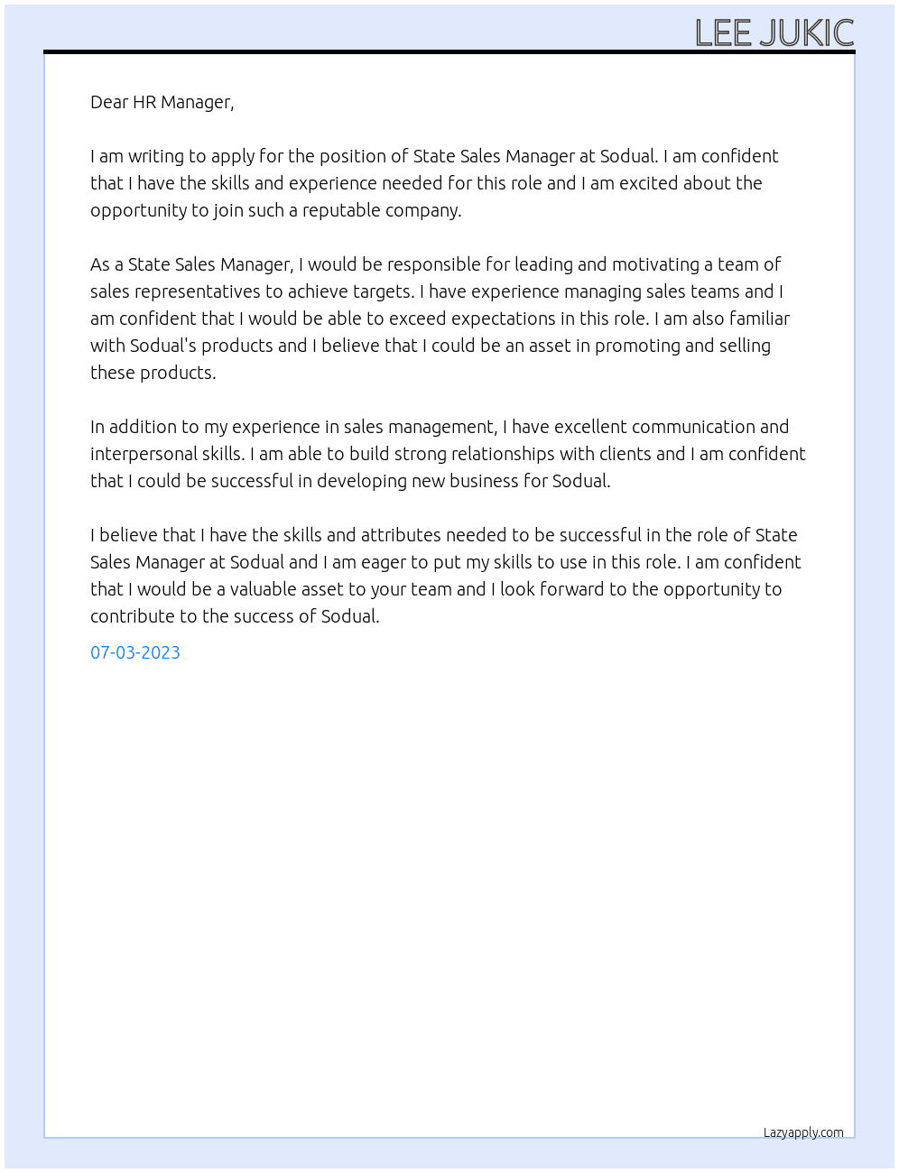 State Sales Manager At Sodual Cover Letter
