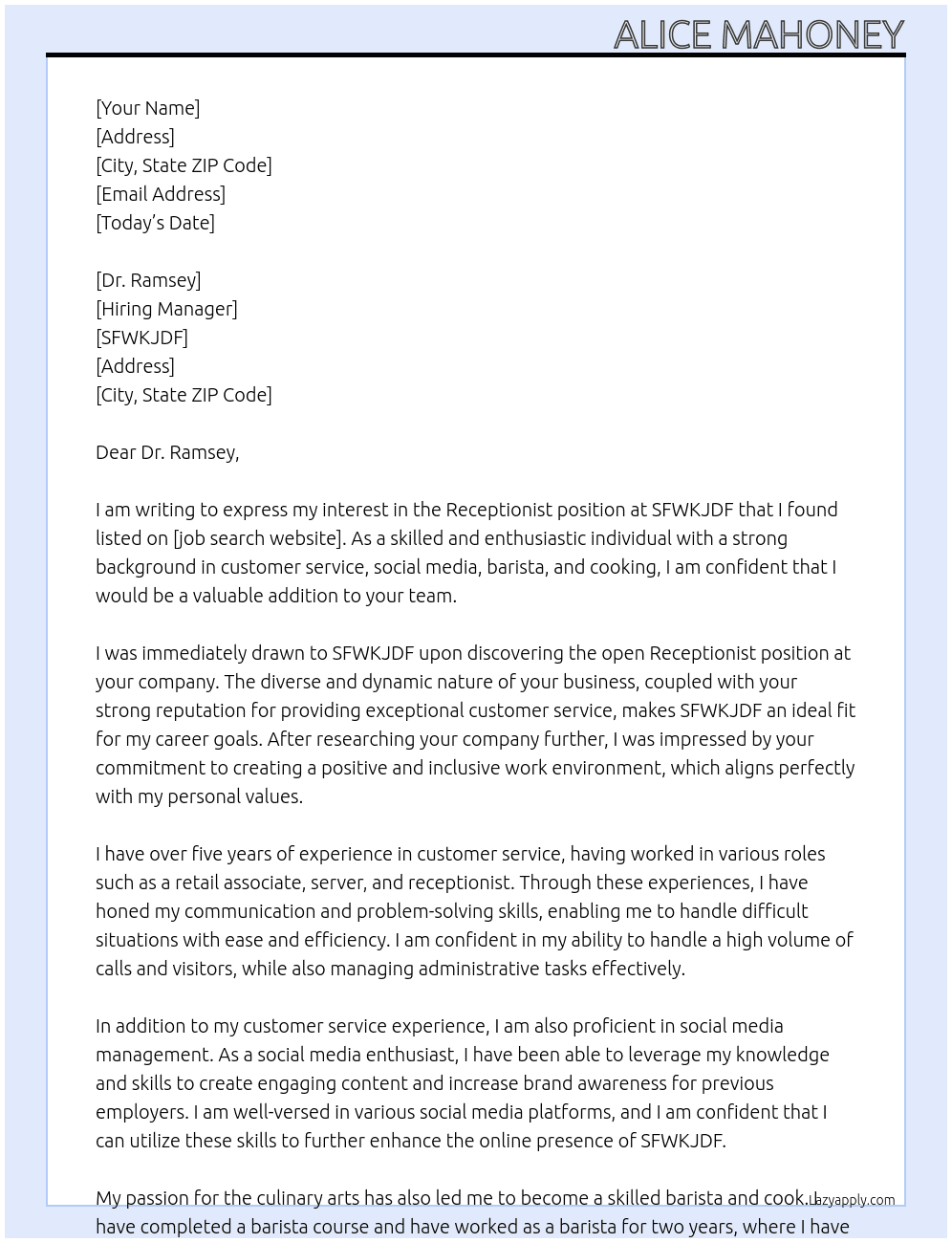 receptionist At sfwkjdf Cover Letter