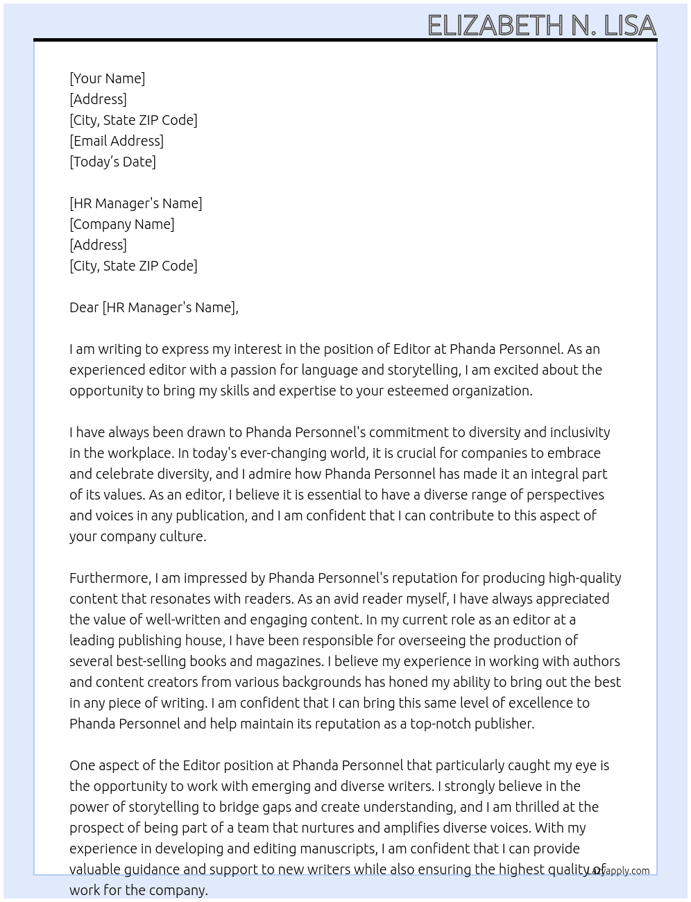 Editor At Phanda Personel Cover Letter