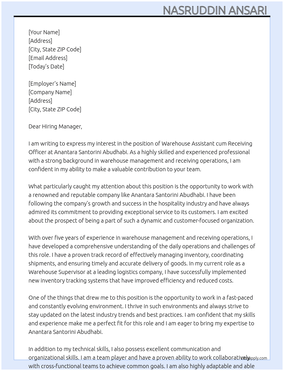 Cover letter for warehouse assistant cum receiving officer - LazyApply