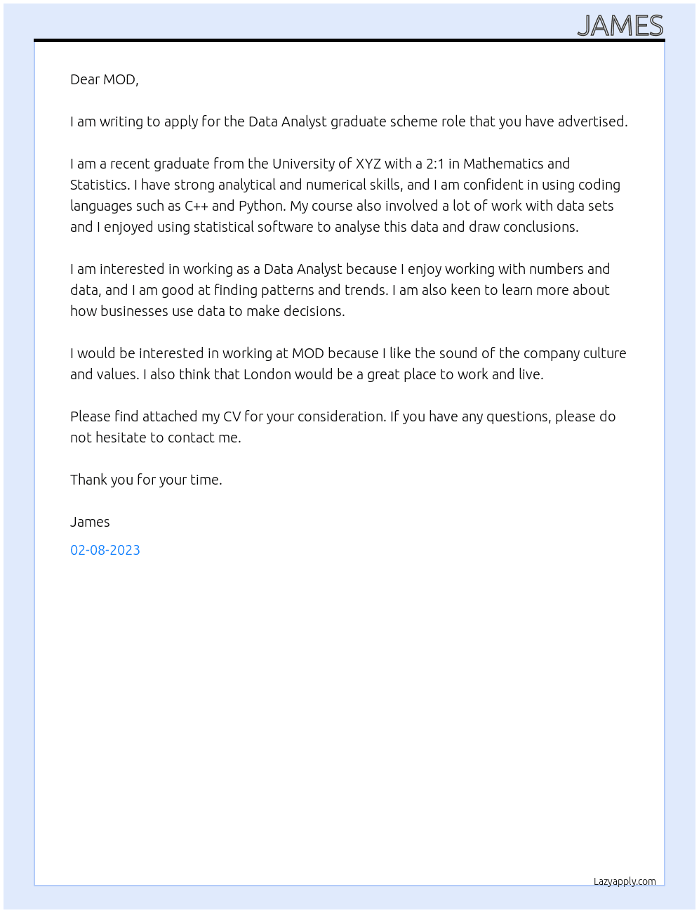 Data Analyst At MOD Cover Letter