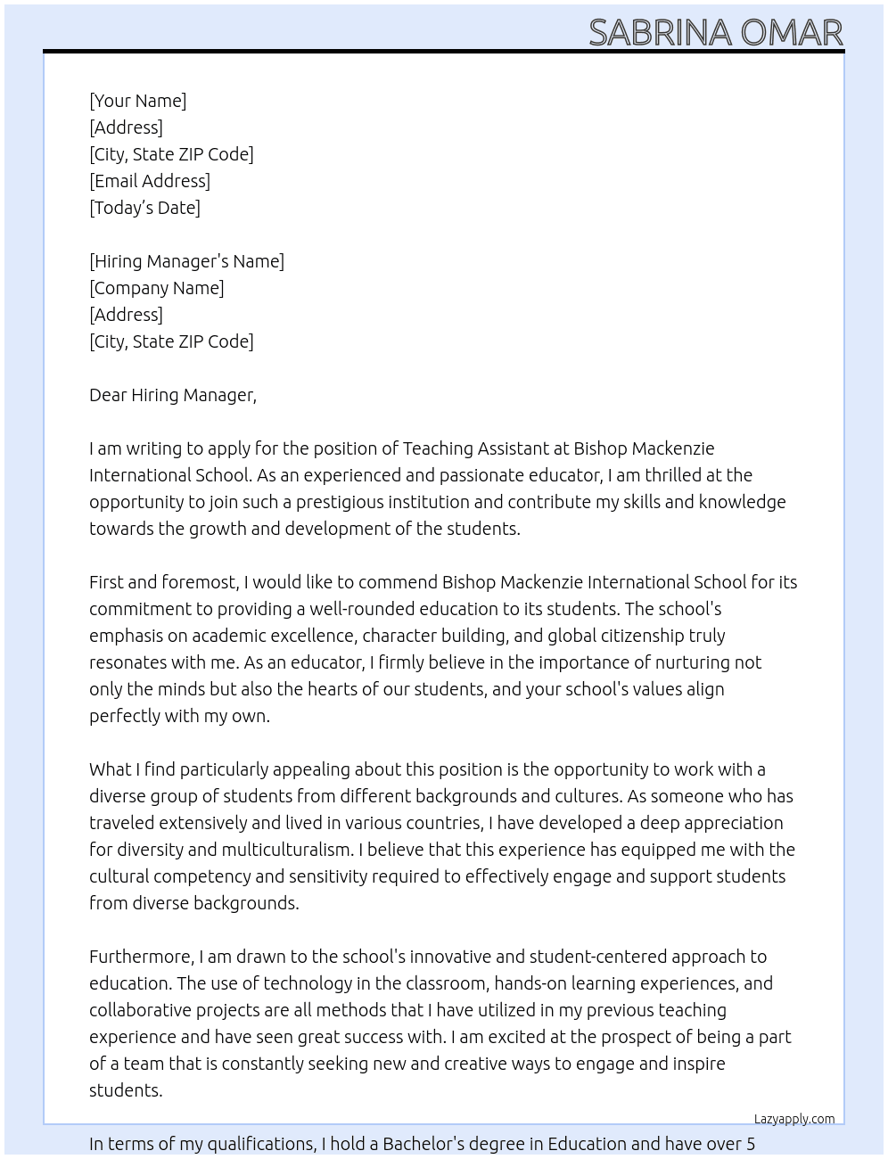 Teaching assistant  At bishop mackenzie international school Cover Letter