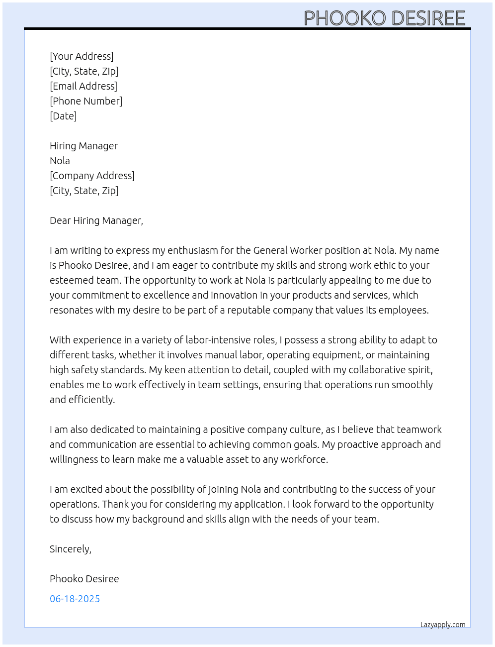 General worker At Nola Cover Letter