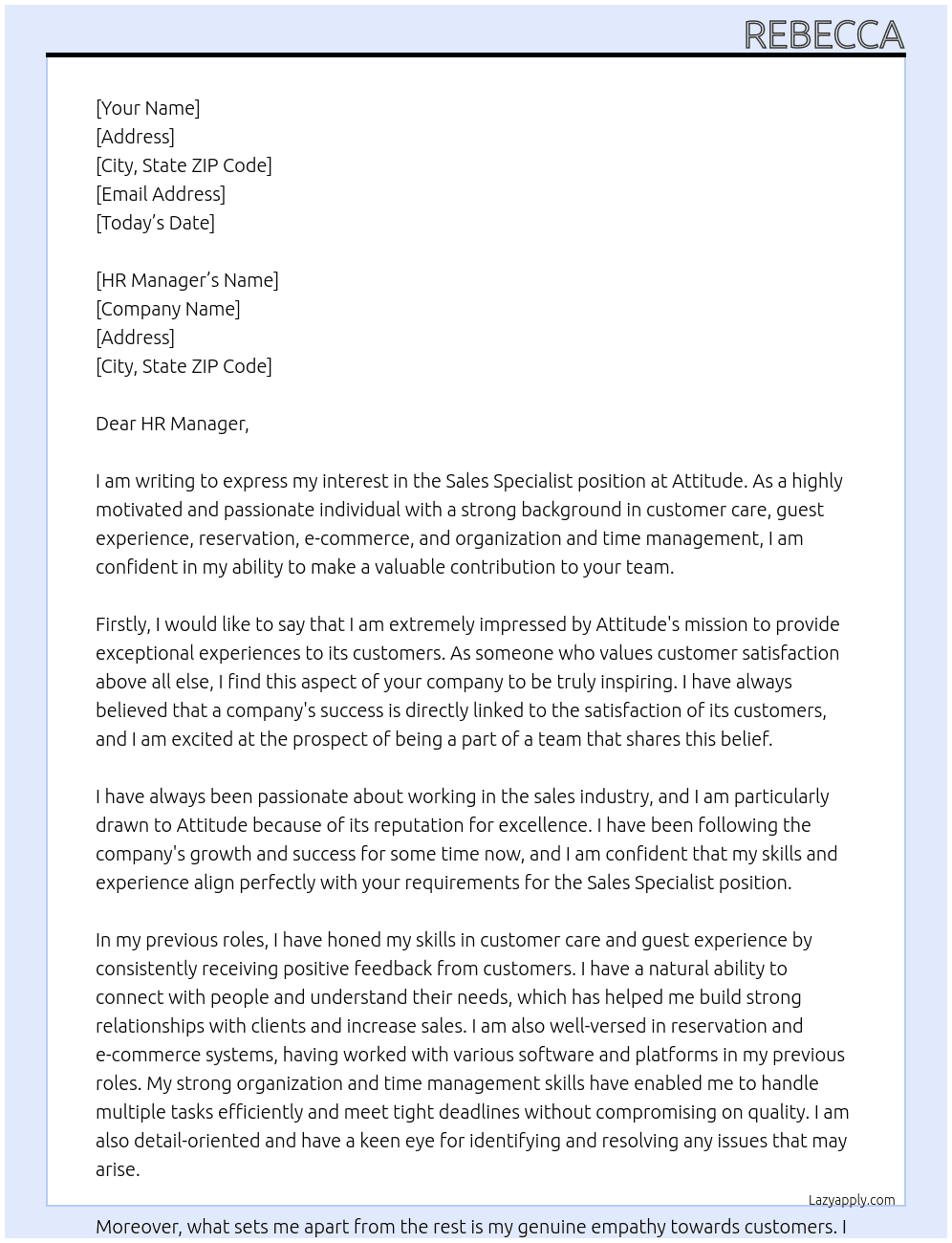 Sales Specialiste At Attitude Cover Letter