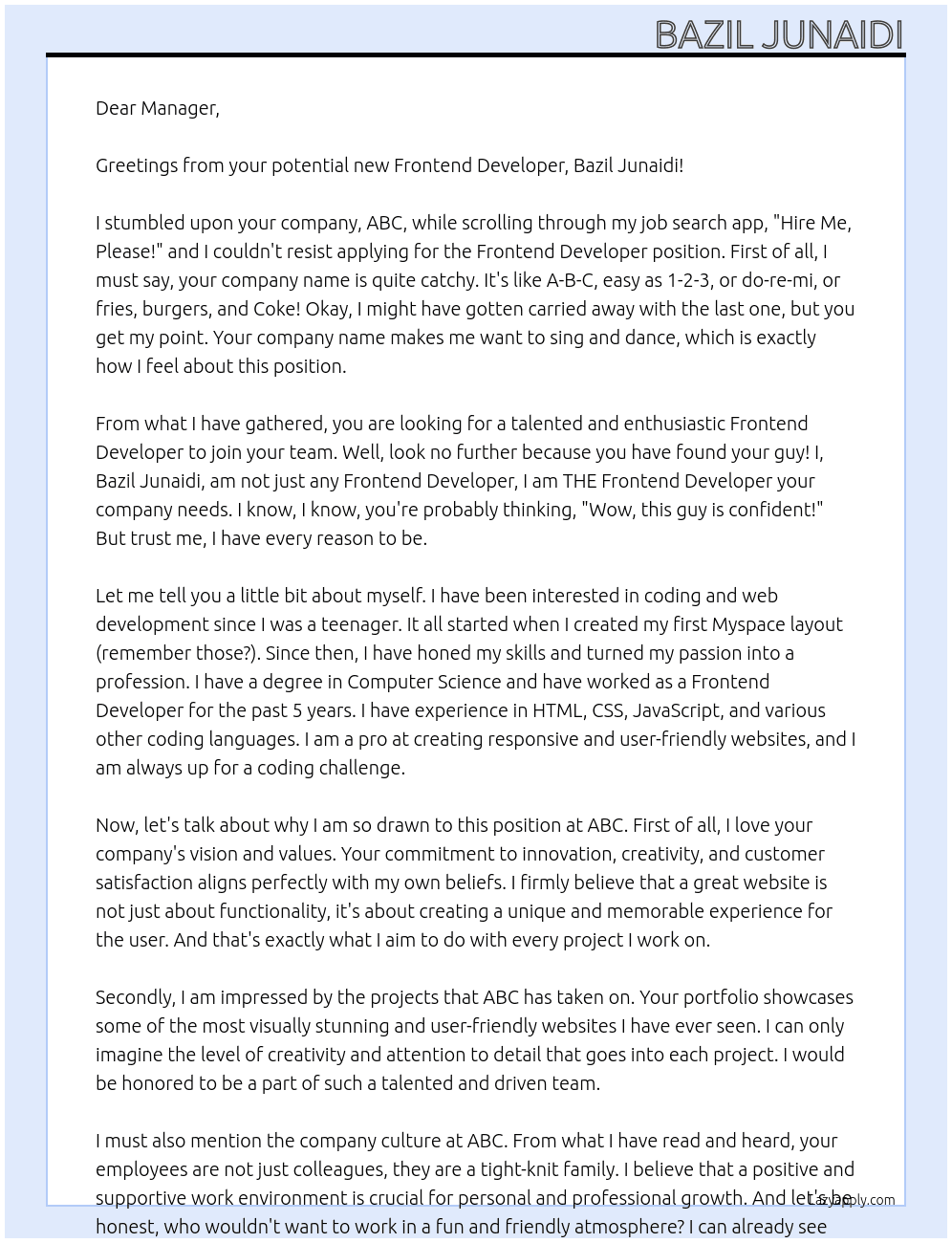 frondend developeer At abc Cover Letter