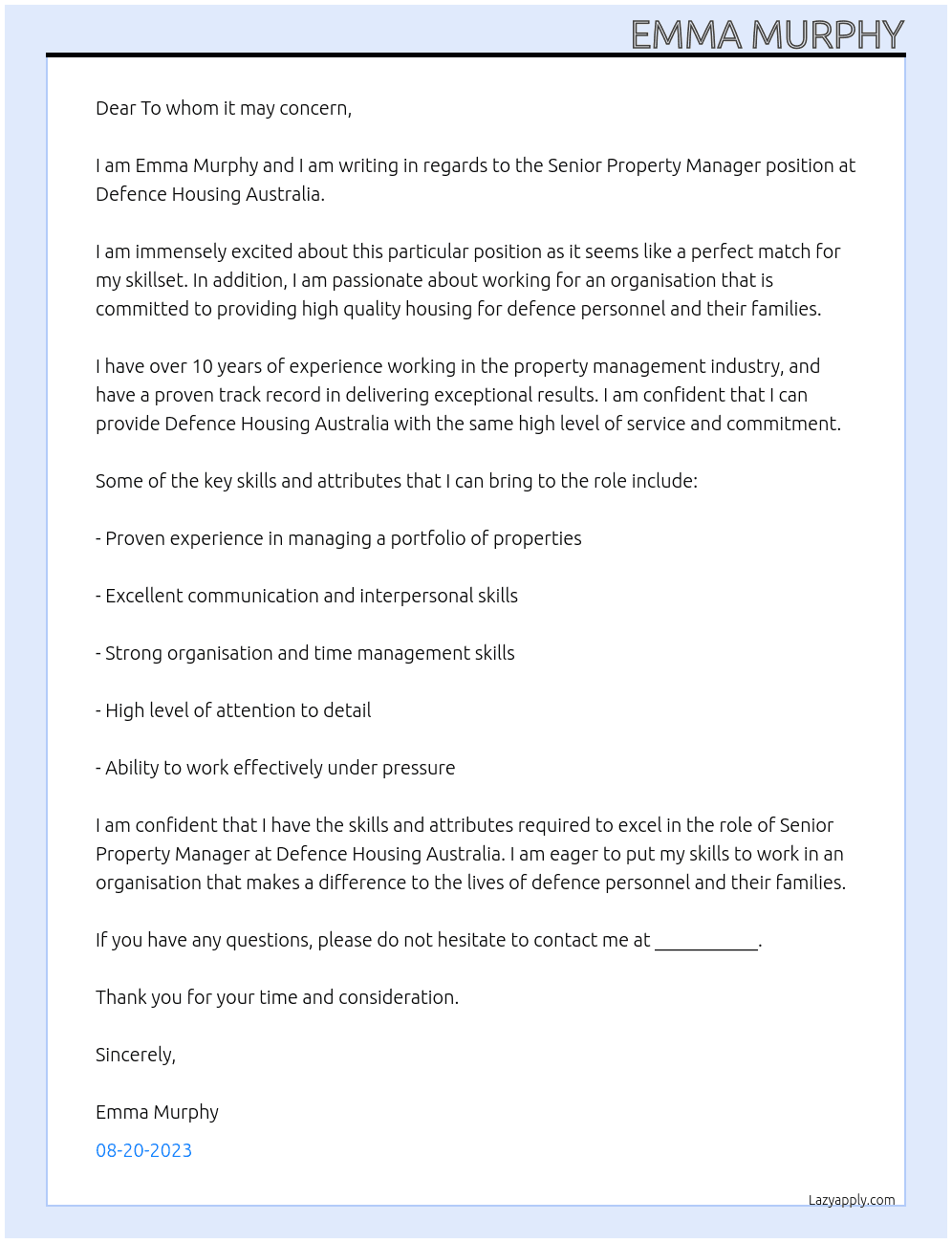 Senior Property Manager At Defence Housing Australia Cover Letter