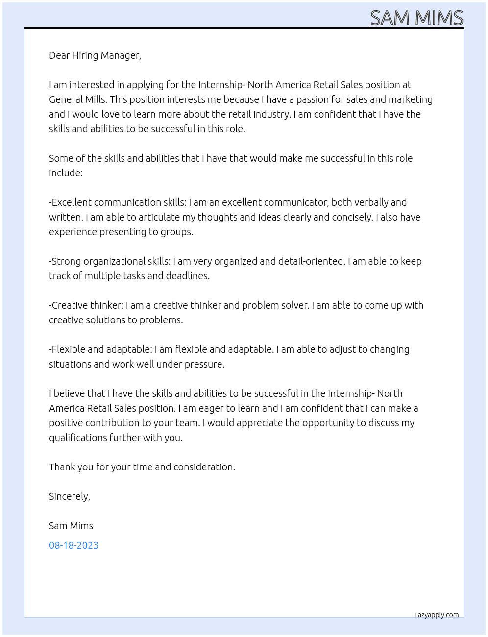 Internship- North America Retail Sales At General Mills Cover Letter