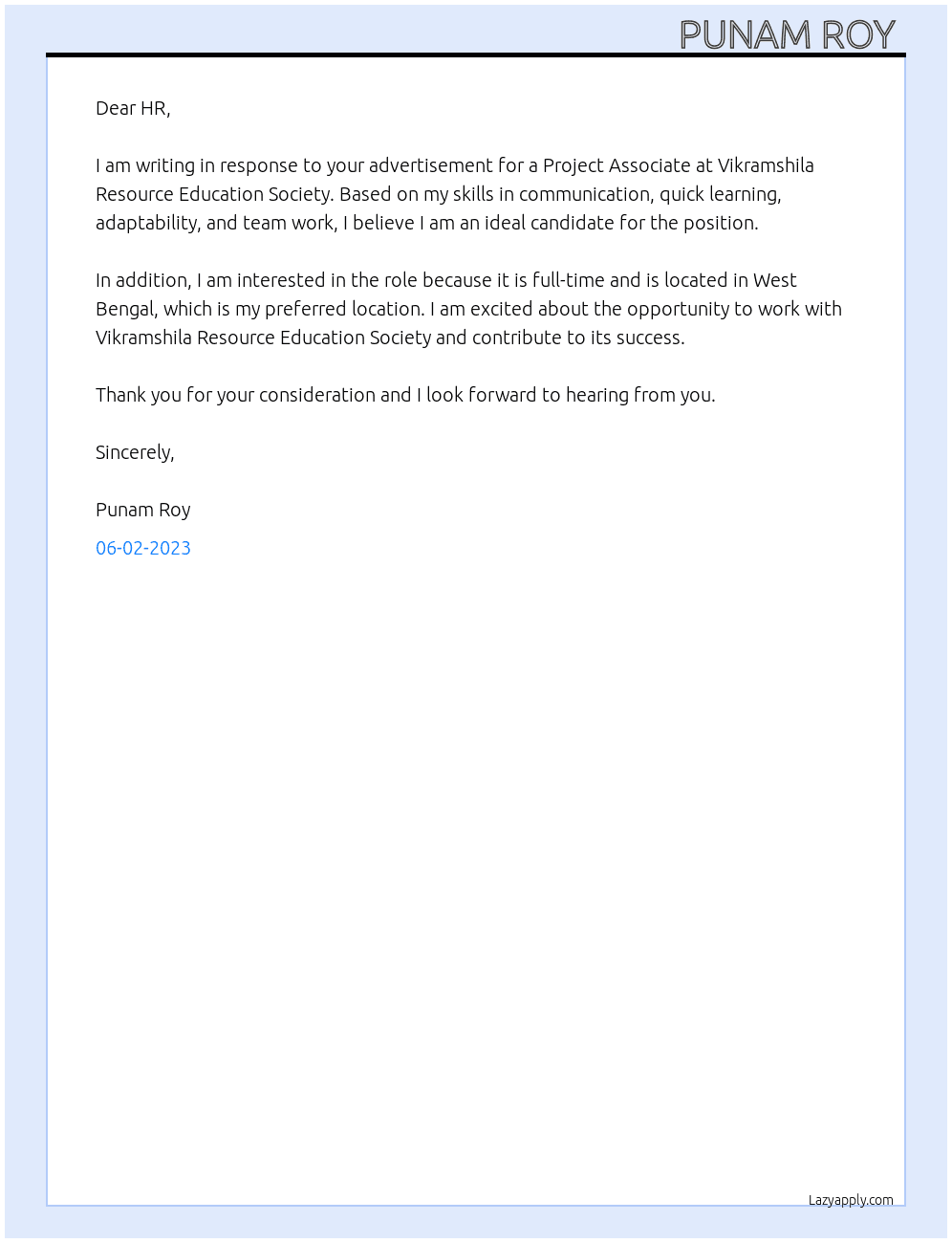 Project Associate  At Vikramshila Resource Education Society Cover Letter