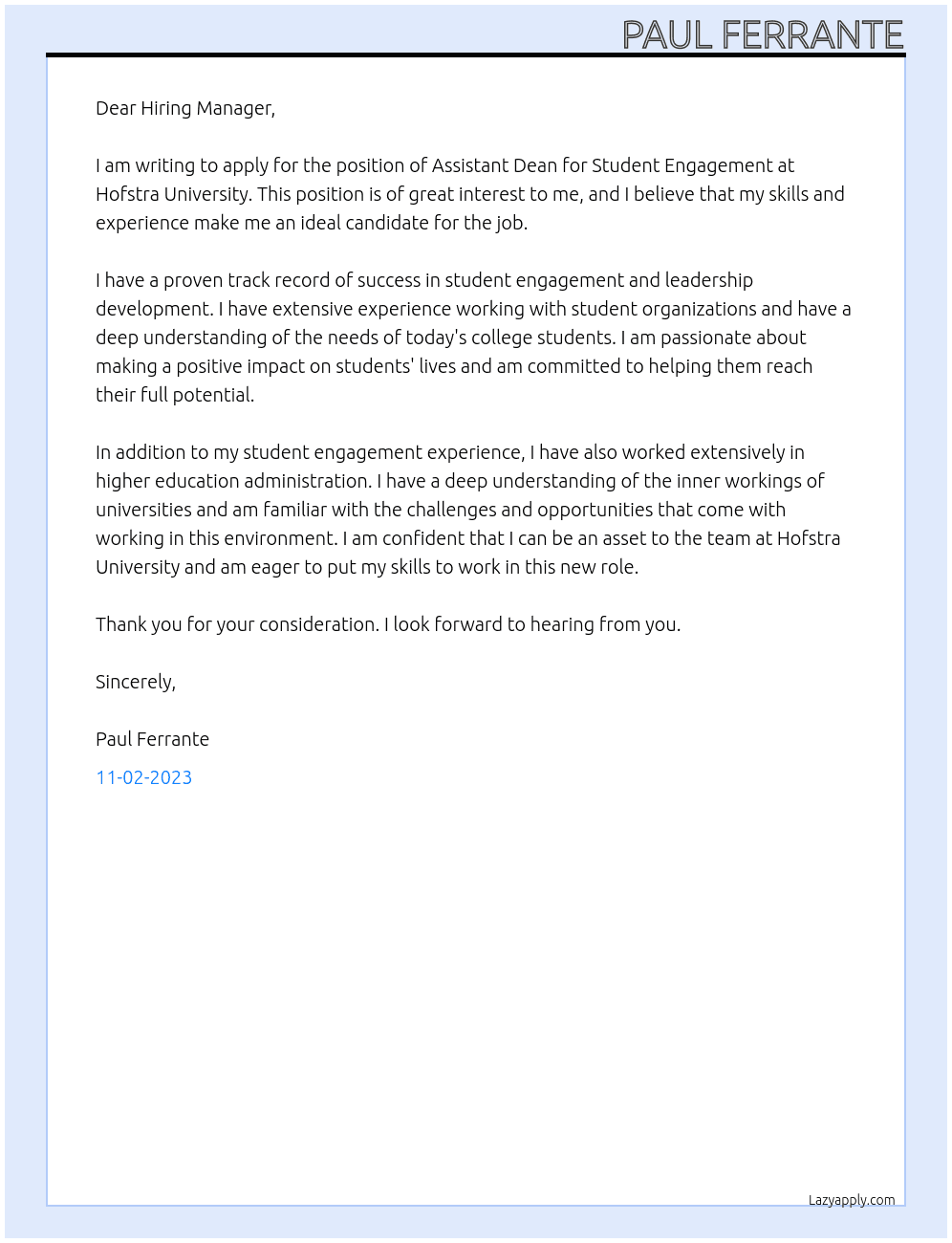Assistant Dean for Student Engagement At Hofstra University Cover Letter