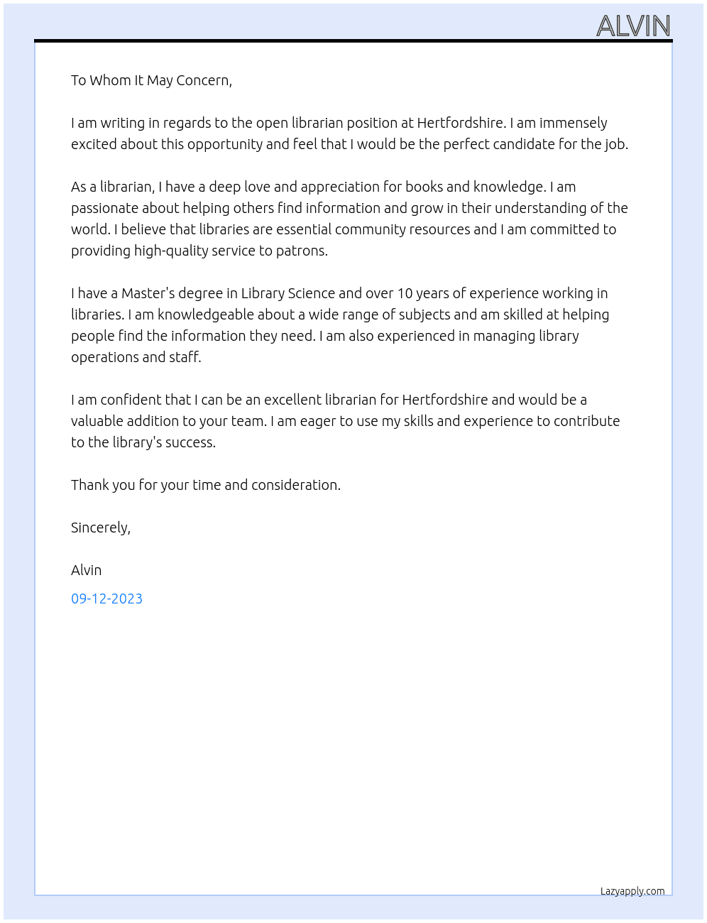 Librarian  At Hertfordshire Cover Letter
