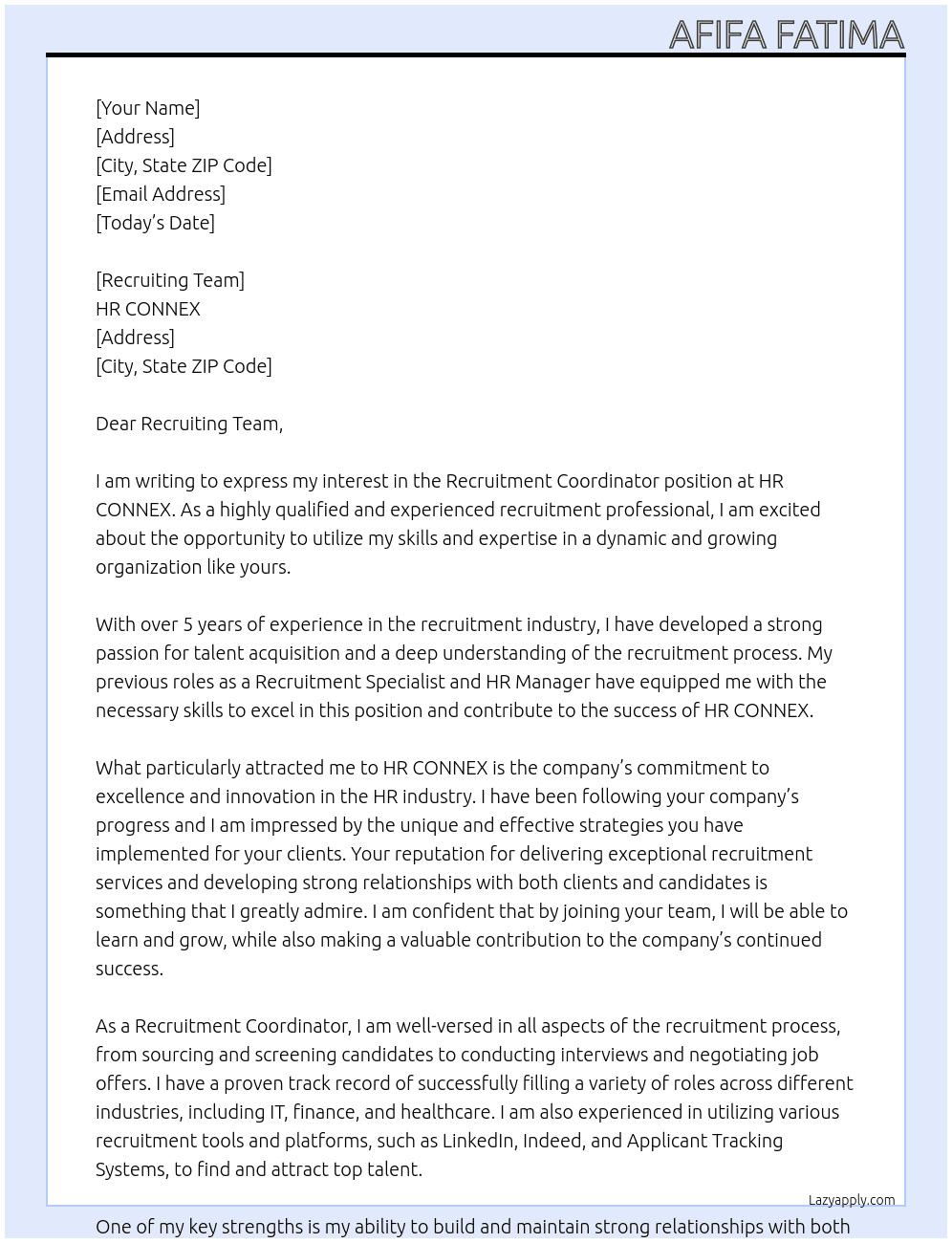 Recruitment coordinator  At HR CONNEX Cover Letter