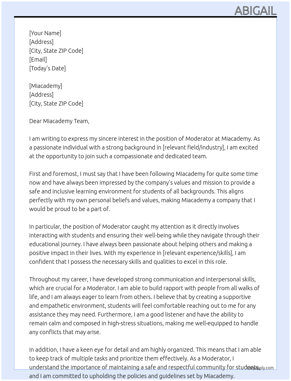 Moderator  At Miacademy Cover Letter