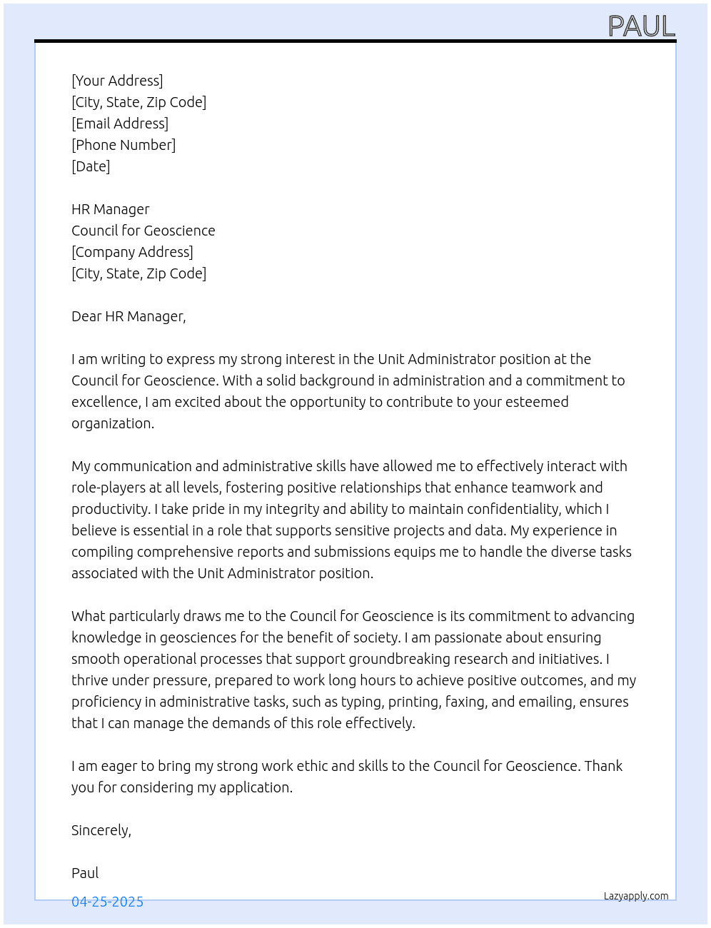 Cover letter for unit administrator - LazyApply