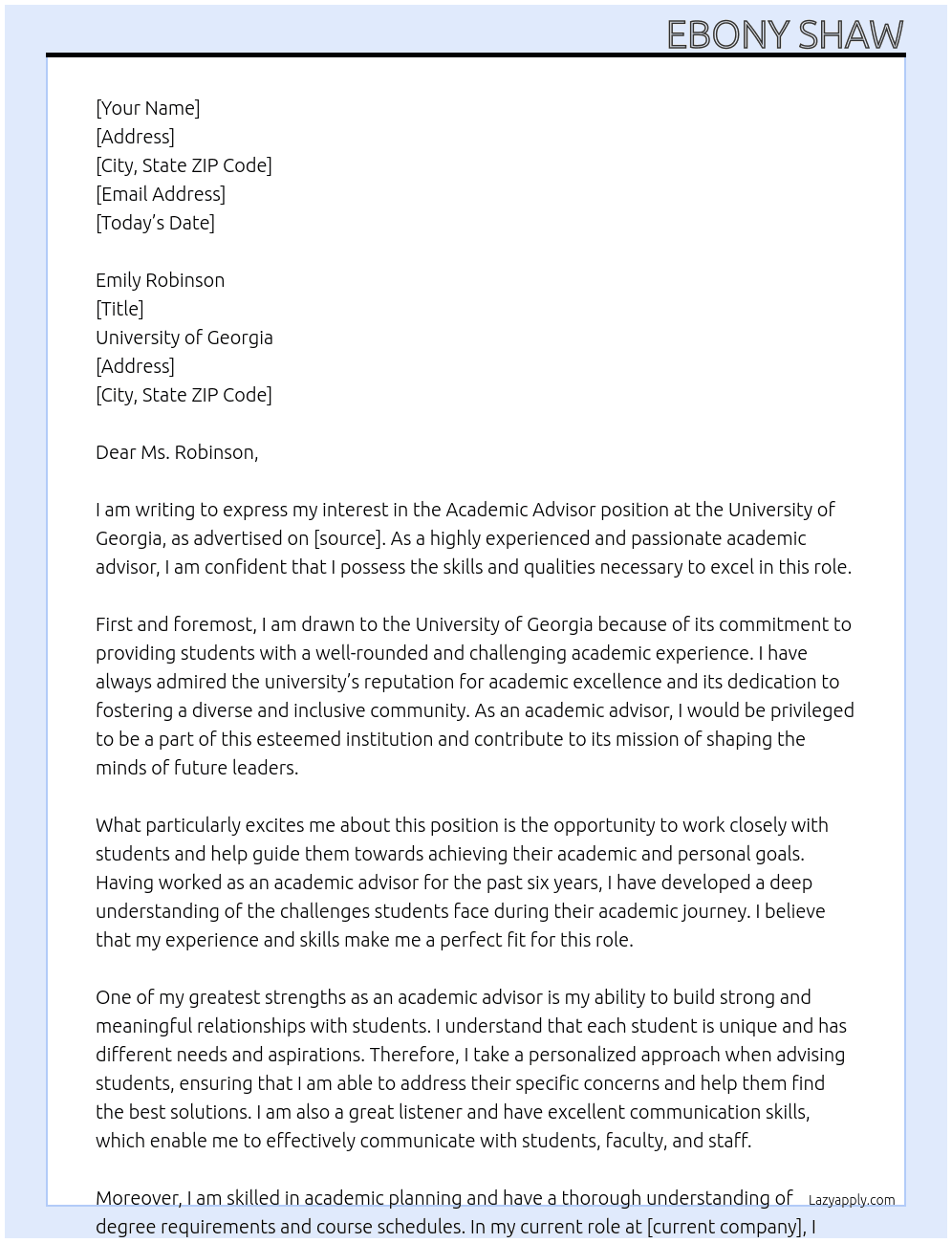 Academic Advisor At University of Georgia Cover Letter