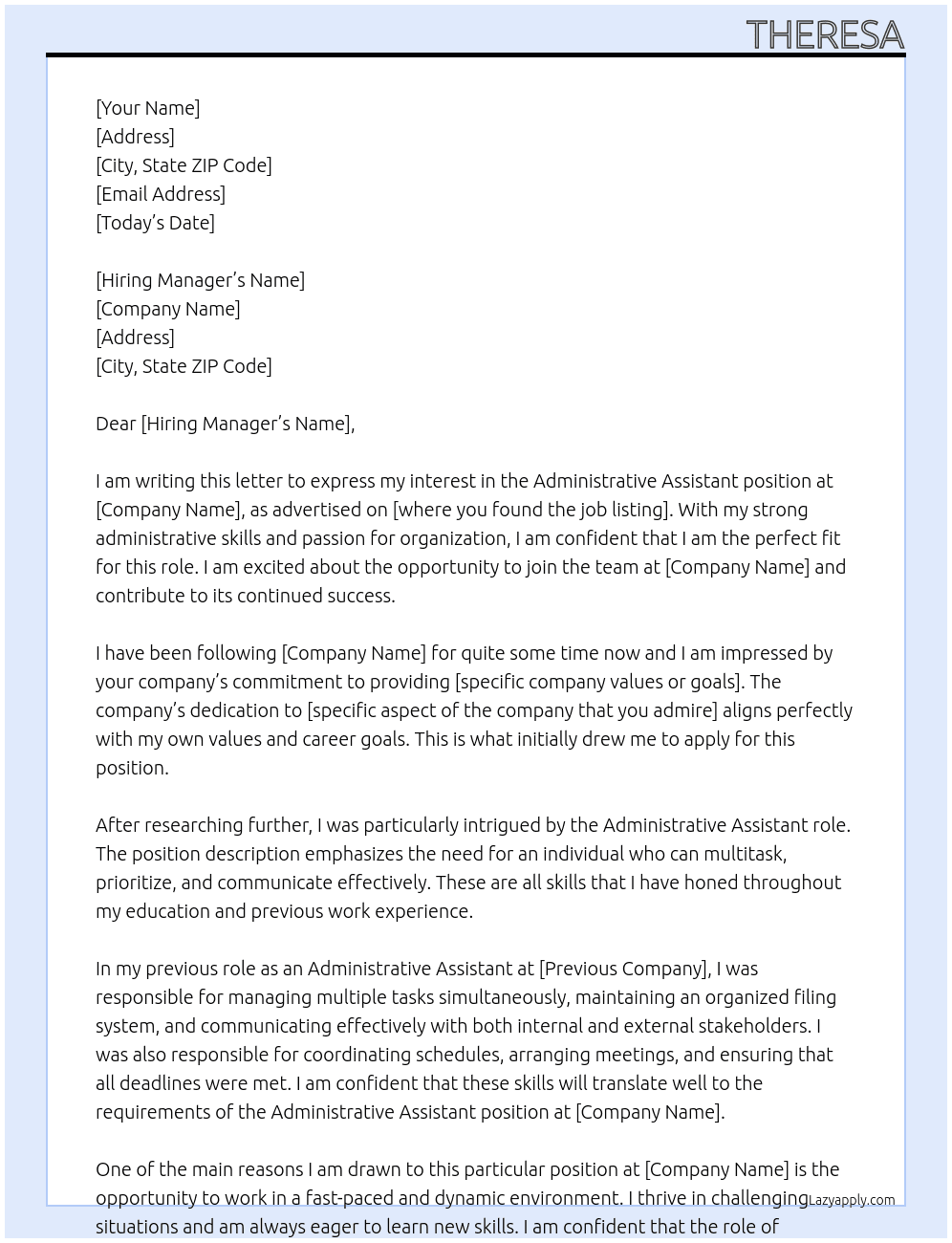 administrarive assistant At theresa Cover Letter