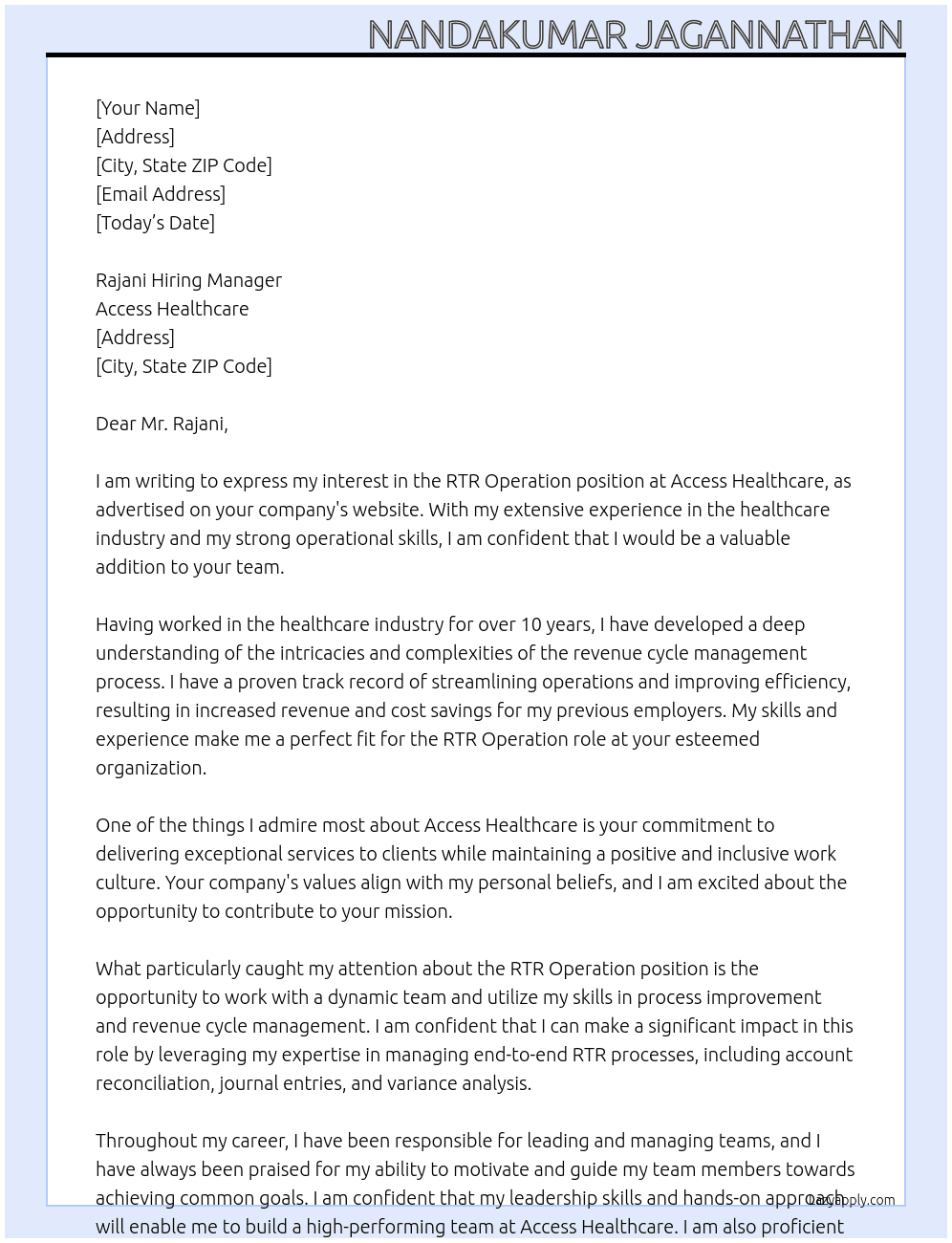 RTR Operation At Access Healthcare Cover Letter