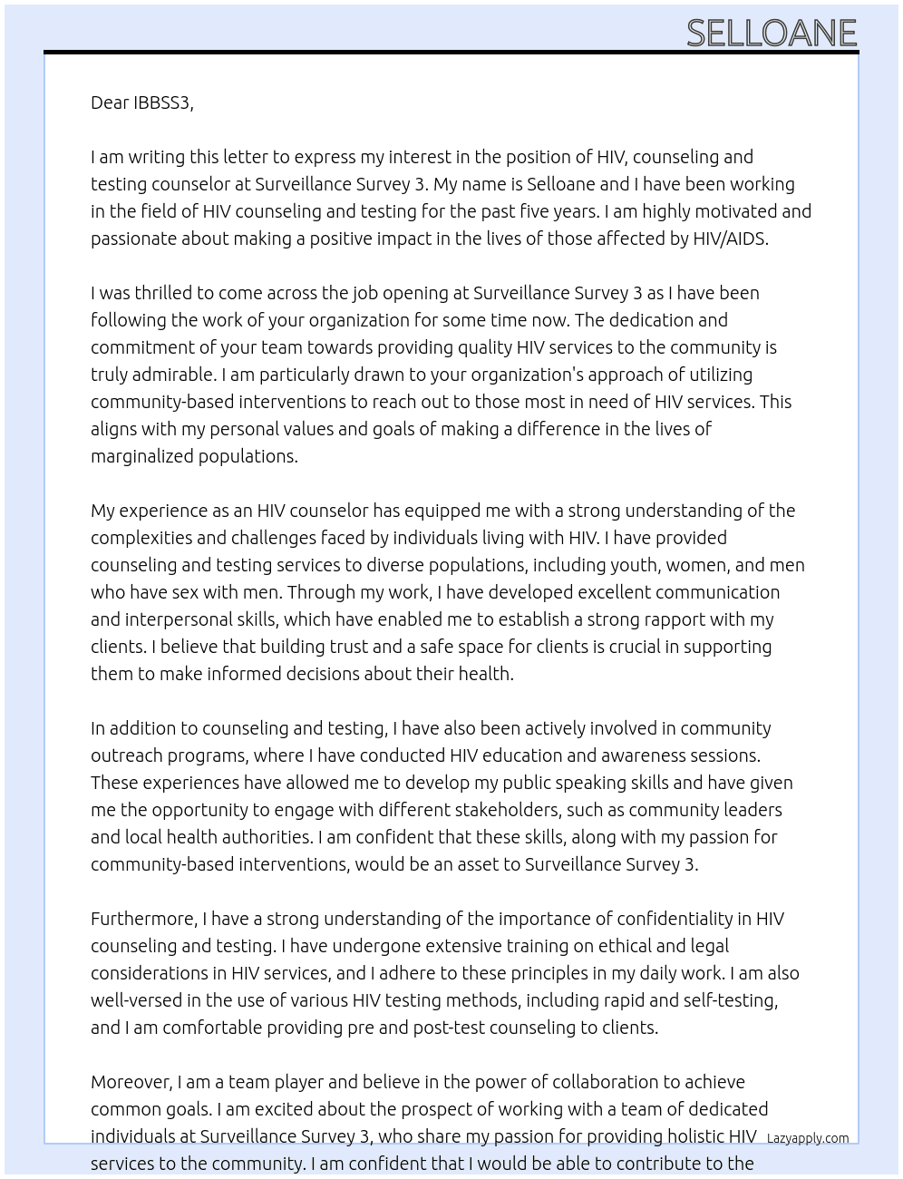 Hiv,counselling and testing counsellor At Surveillance survey 3 Cover Letter