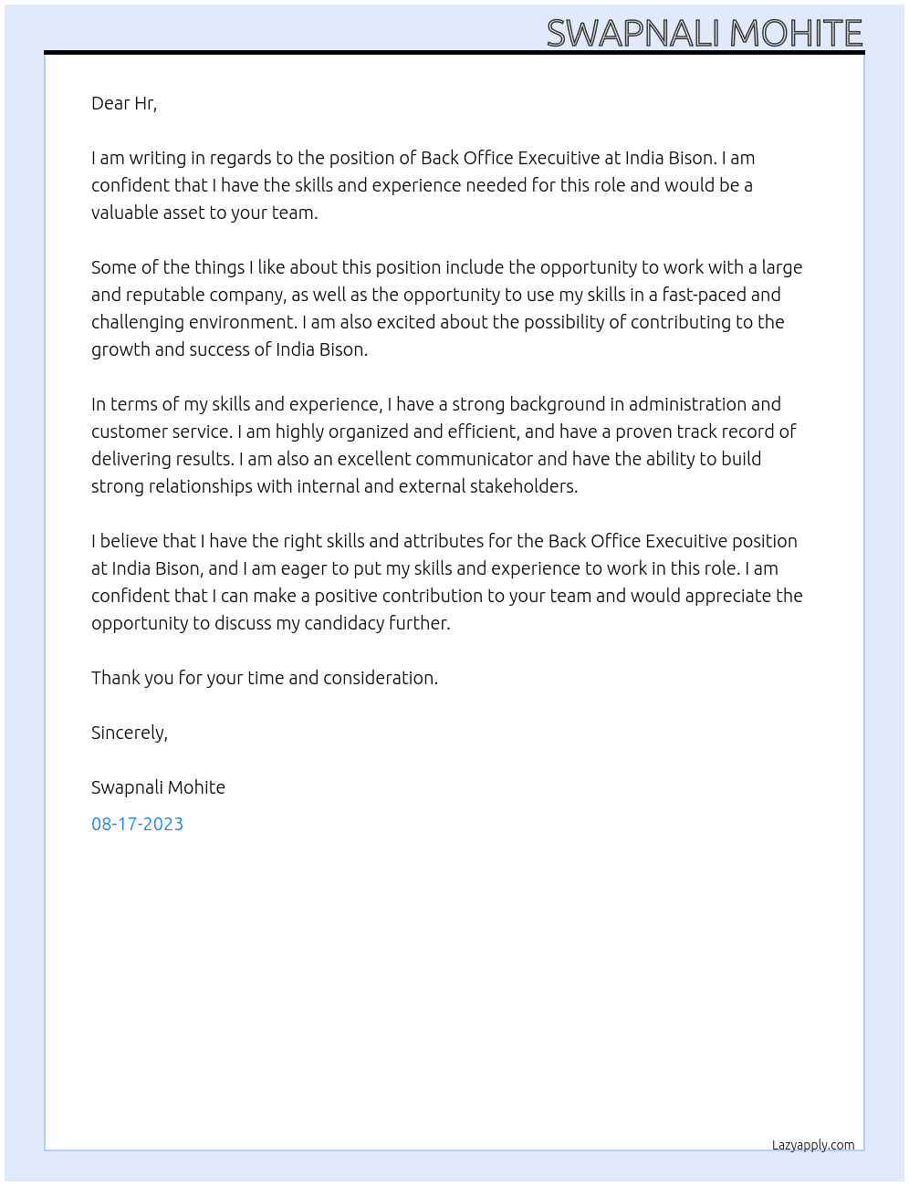 back office execuitive At India Bison Cover Letter