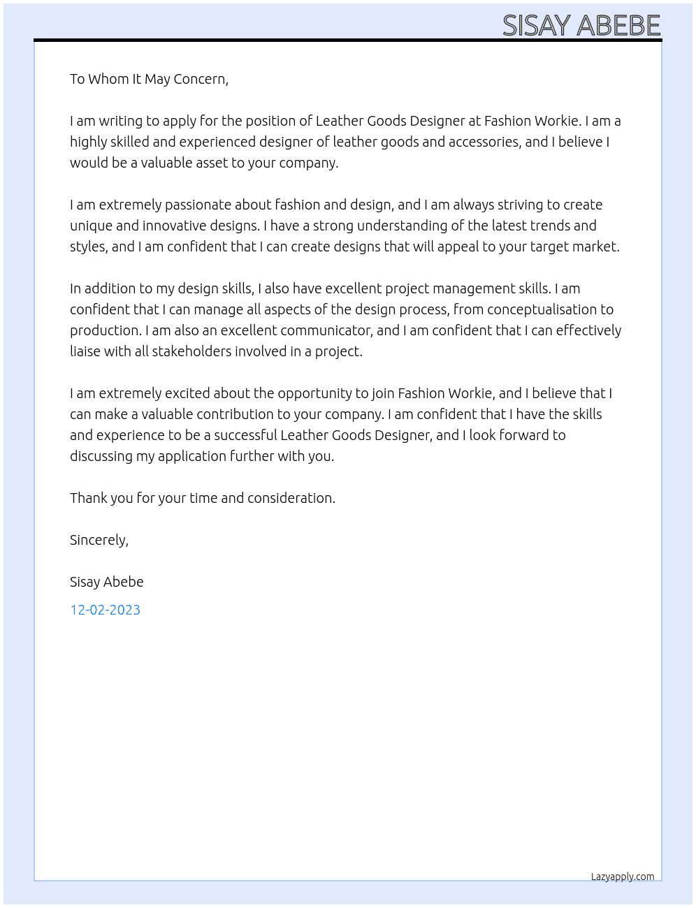 Leather goods designer  At Fashion workie Cover Letter