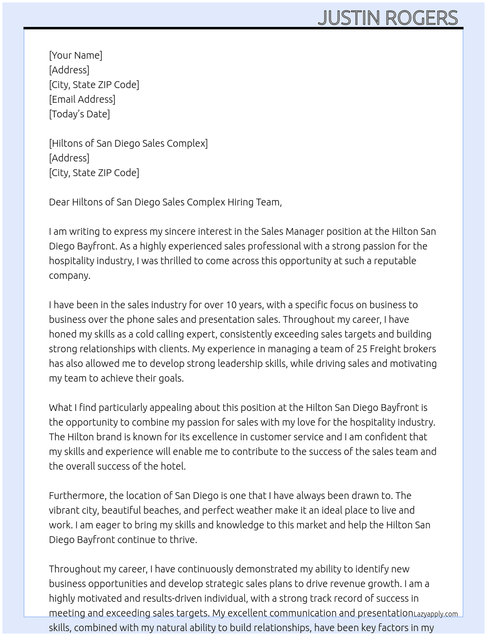 Sales Manager  At Hilton San Diego Bayfront Cover Letter