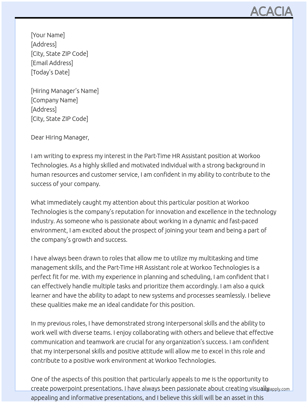 Part-Time HR Assistant At Workoo Technologies  Cover Letter