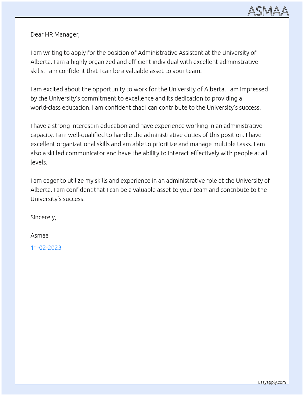 administrative assistance At university of alberta Cover Letter