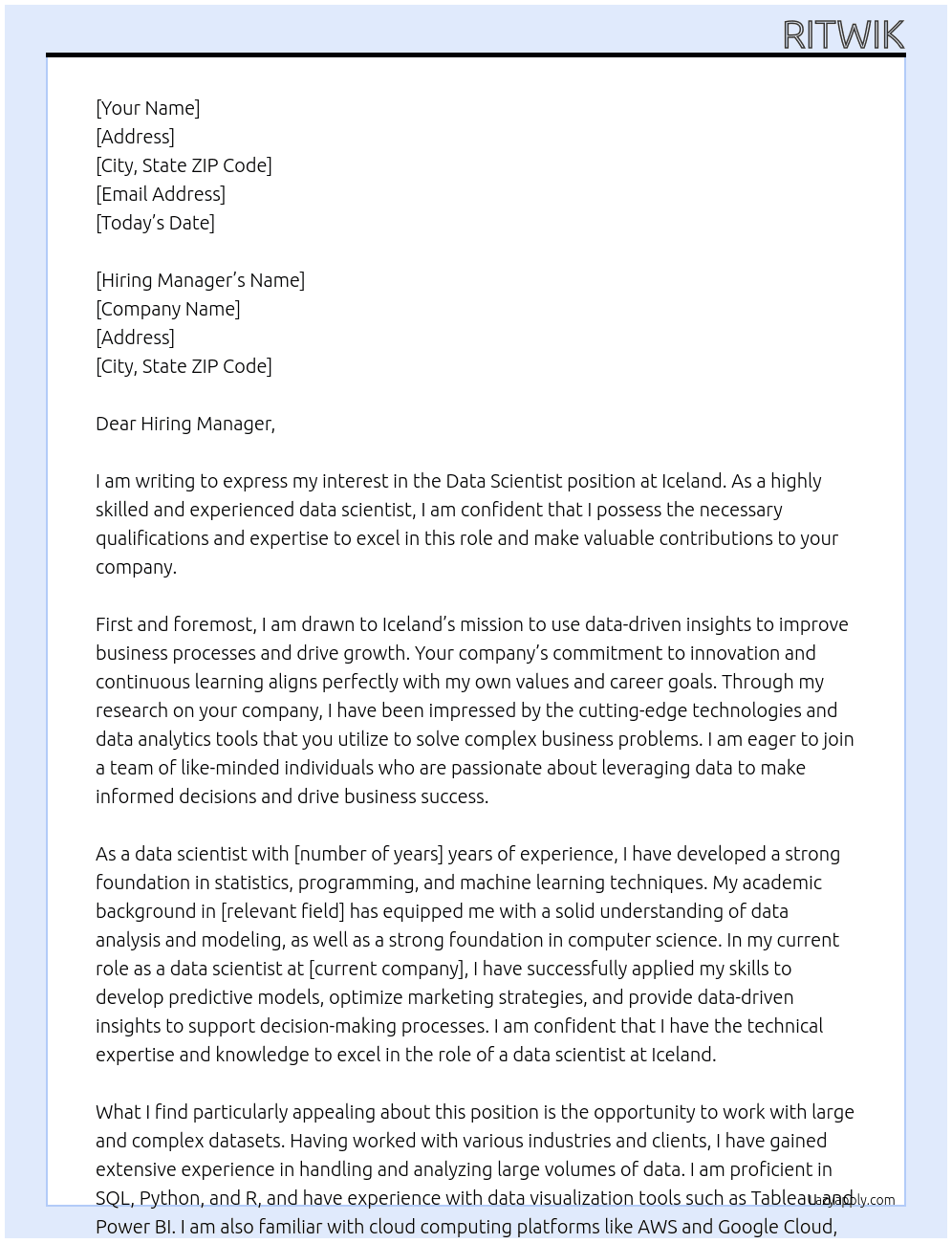 Data scientist At Iceland Cover Letter