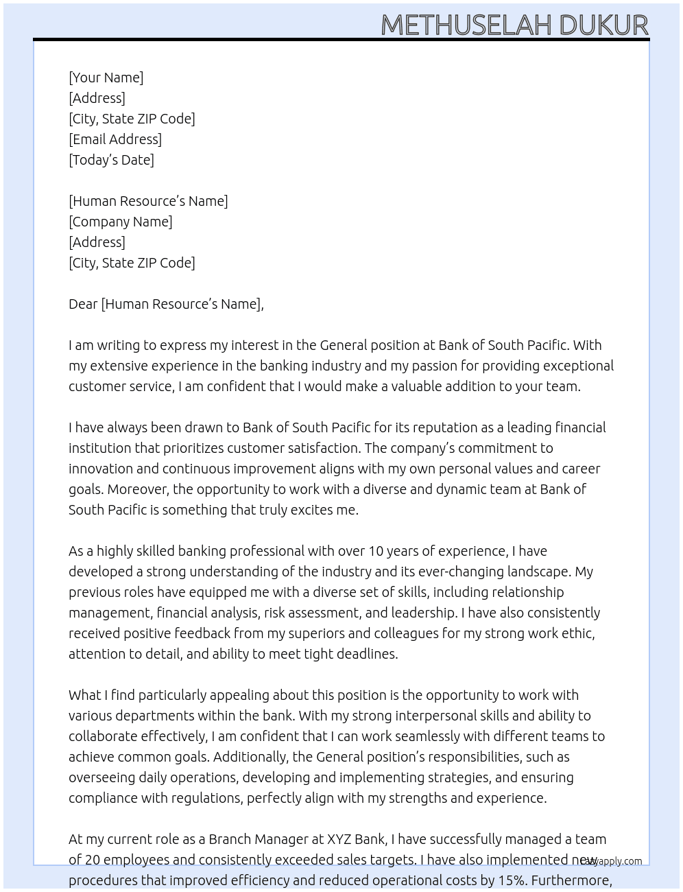 General  At Bank of South Pacific  Cover Letter